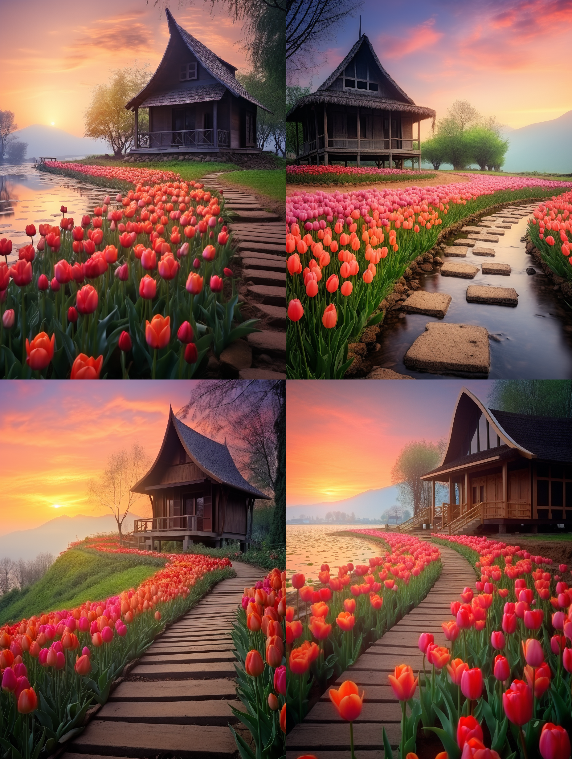 在乡间一处木屋的前，长着一片紫色的郁金香花，老榕树，远处的山林和远山，木板的小桥，鹅卵石的小路，细水潺潺的小溪，天空火烧云的红色晚霞，阳光的余辉依然灿烂！顶级的专业风光摄影效果，顶级的摄影作品画质和清晰 度，非常唯美，色彩丰富细腻，画面细节丰富！8k超高清晰度，大文件 