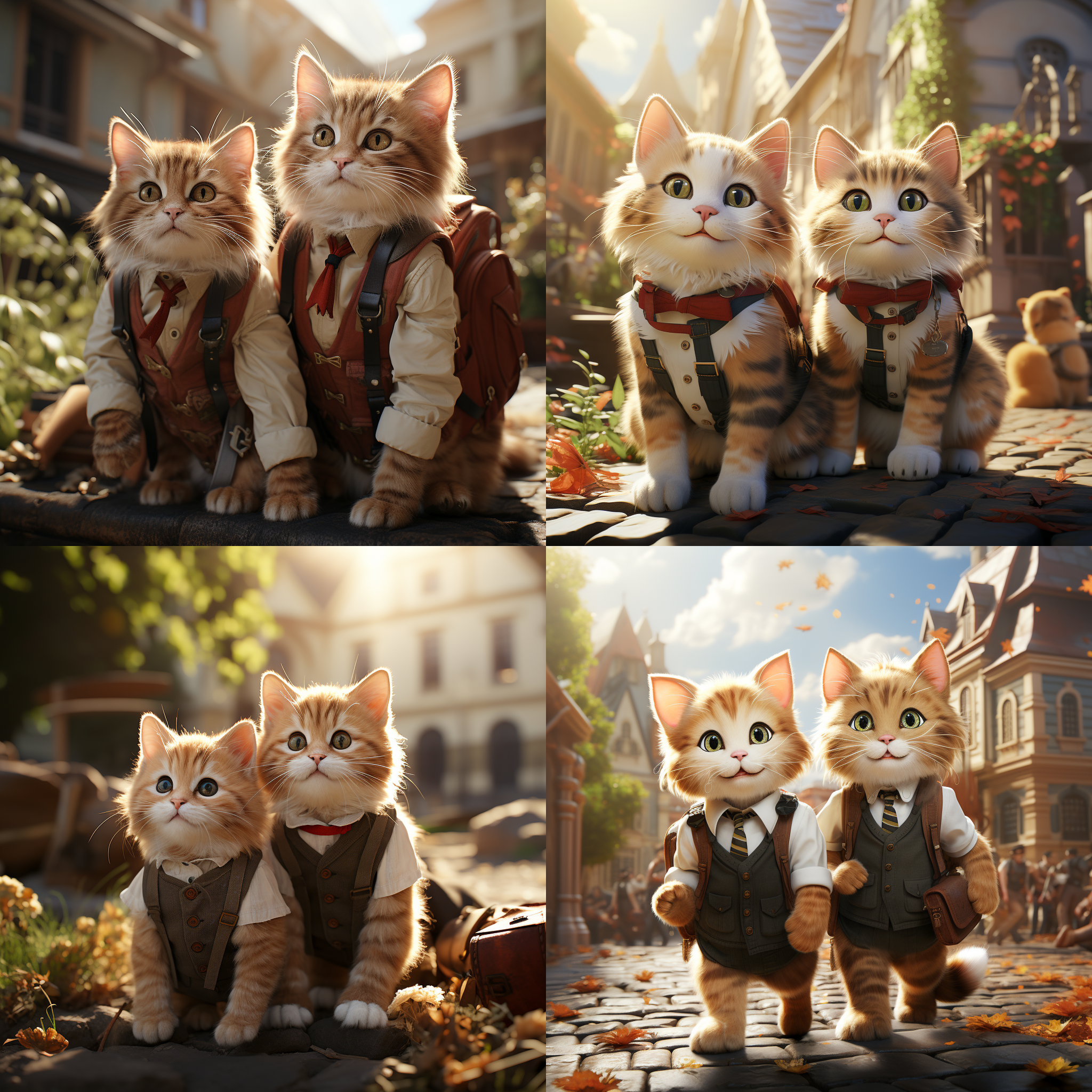 两只猫咪身穿校服，情侣样貌，微笑，背包，相互挽着胳膊，背景为学校。采用宫崎骏风格，阳光洒落在他们身上，创造出温暖的氛围。使用电影镜头构图，明亮的光线增强画面效果。 