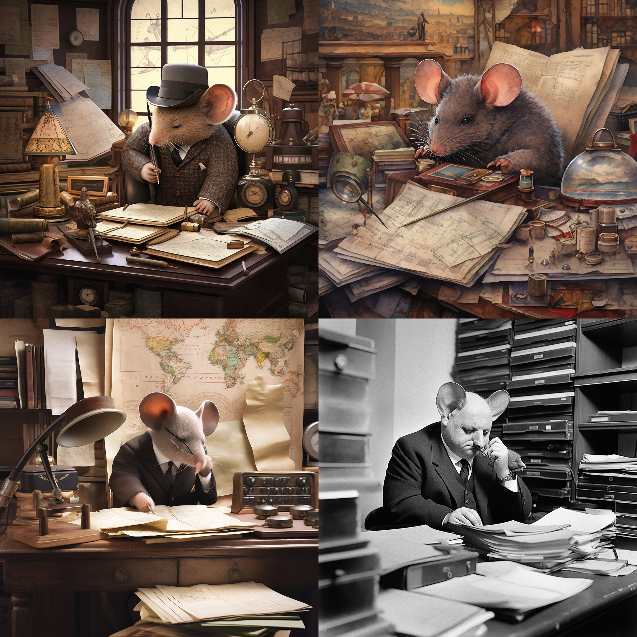 a mouse with a strong winston churchill style sits in a spacious office with important documents and books, surrounded by various types of books on shelves. this mouse exudes an awe-inspiring and steady temperament, holding a smoking pipe while closely observing the maps and charts placed on its desk. it displays the firm, decisive and brave traits of churchill.