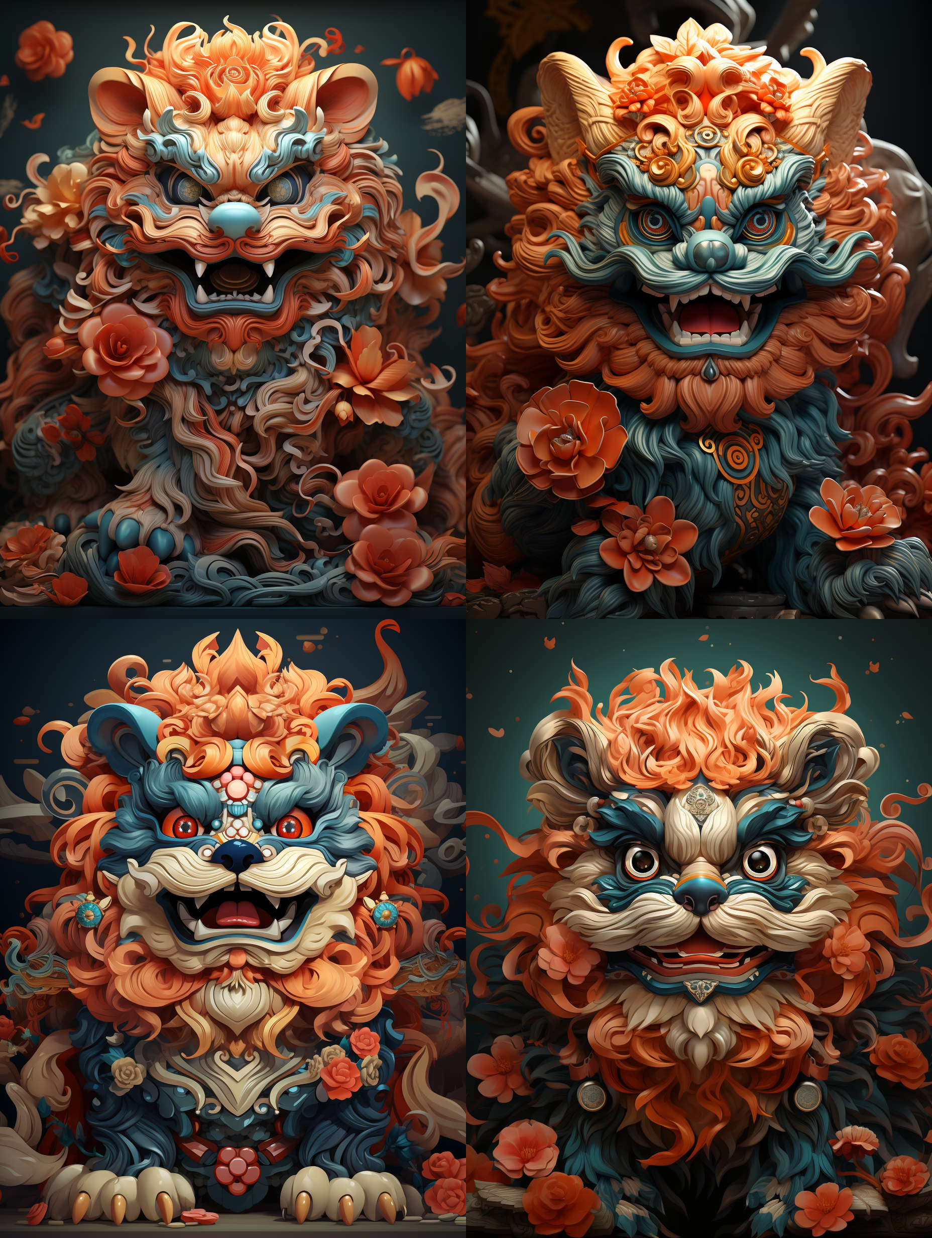 中国风舞狮，多色，背景纯色，动态优美，活泼可爱，真实风格 