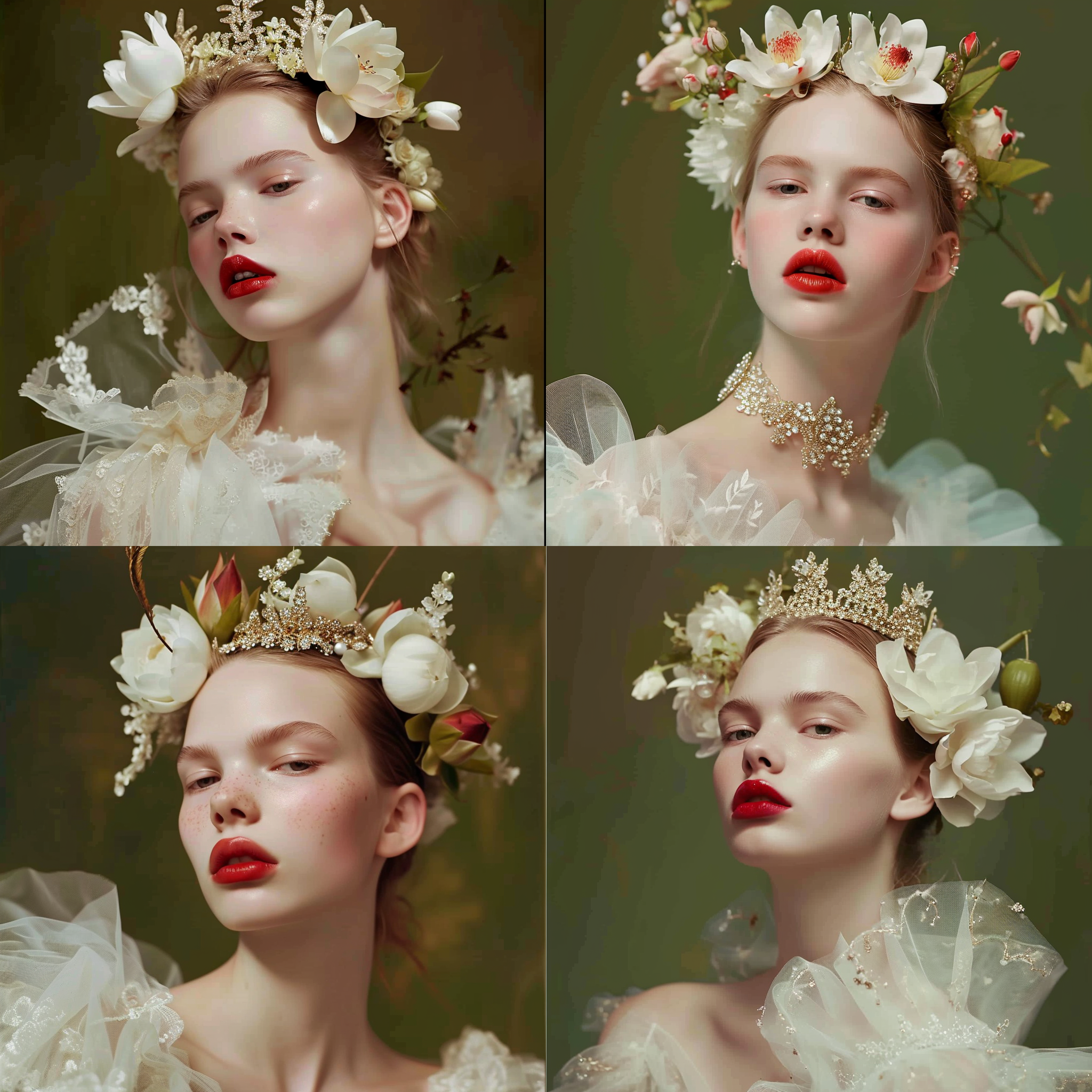 arafed woman with a tiara and a flower in her hair, breathtaking flower tiara, intricate flower tiara, flower tiara, beautiful pale makeup, amazing flower tiara, pat mcgrath, wearing a flower headpiece, diadem on the head, floral headpiece, vogue magazine editorial, wearing crown, jeweled crown, orgnic headpiece, fine art fashion photography, vogue journal cover, lotus floral crown girl, photography from vogue magazine, from vogue magazine, tim walker, crown of roses, headpiece, faint red lips, diadem, harpers bazaar, delicate pale pink lips, red adornments, high fashion photography, thorn rose crown, beauty campaign, editorial fashion photography, baroque gold headpiece, editorial of dior magazine