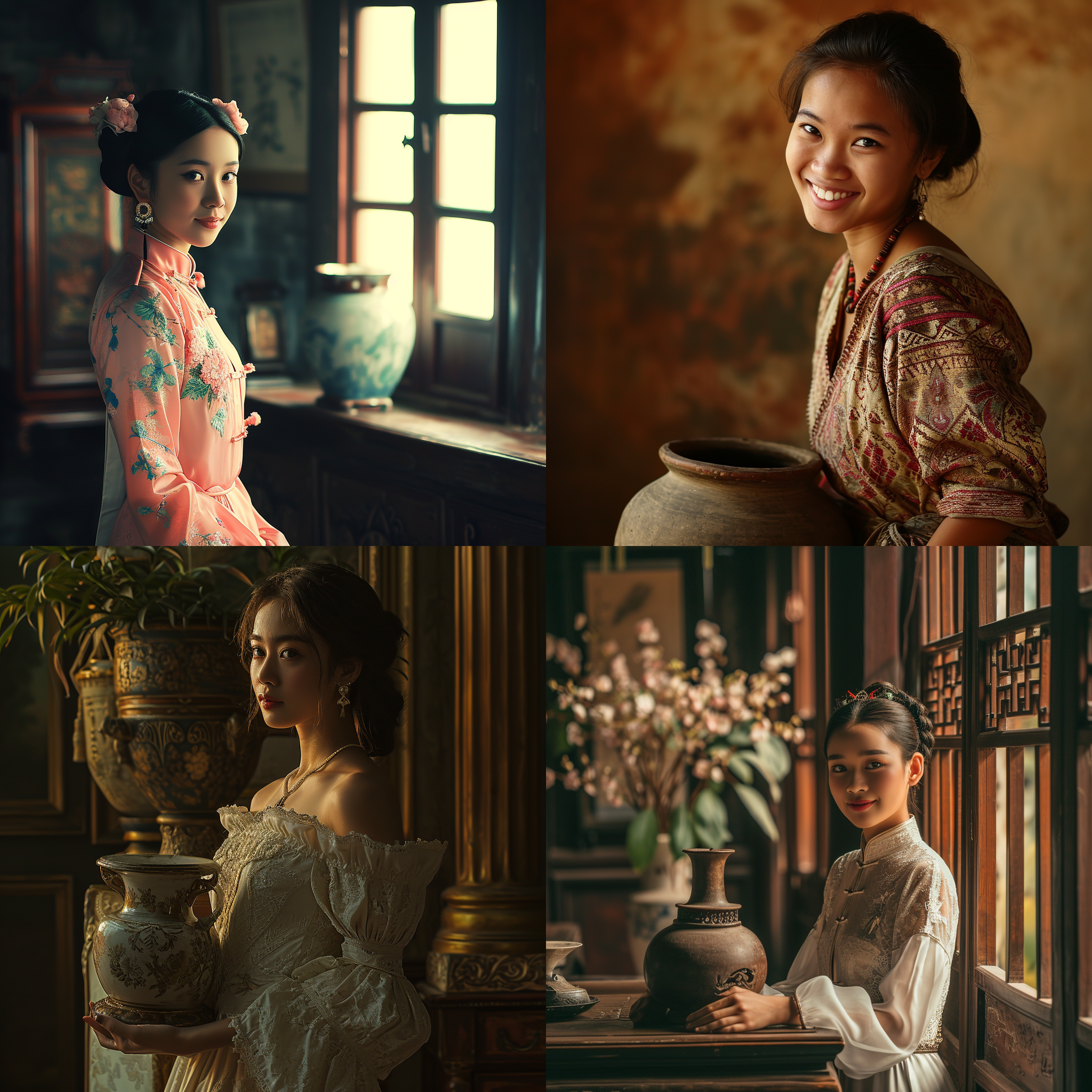古董花瓶主体，细致构图，室内环境，柔和光线，柔焦效果，女孩微笑，温暖色调，静态姿势，传统风格，柔美，优雅。