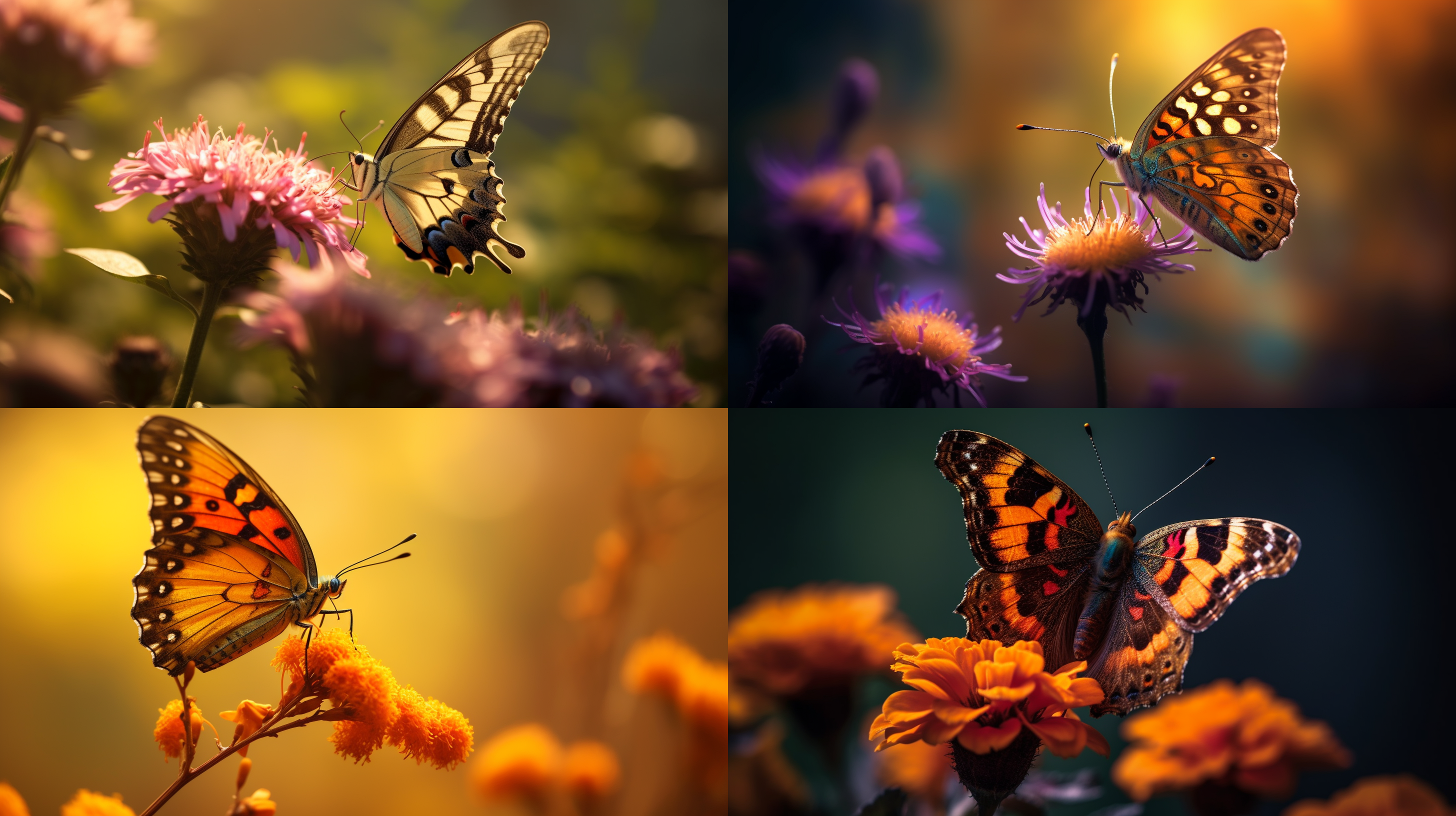 微距摄影，一只蝴蝶停在鲜花上。清晰的细节，浅景深，柔和的光线，自然环境，颜色丰富，细致的纹理，静态构图，优雅的姿态，温暖的情感。