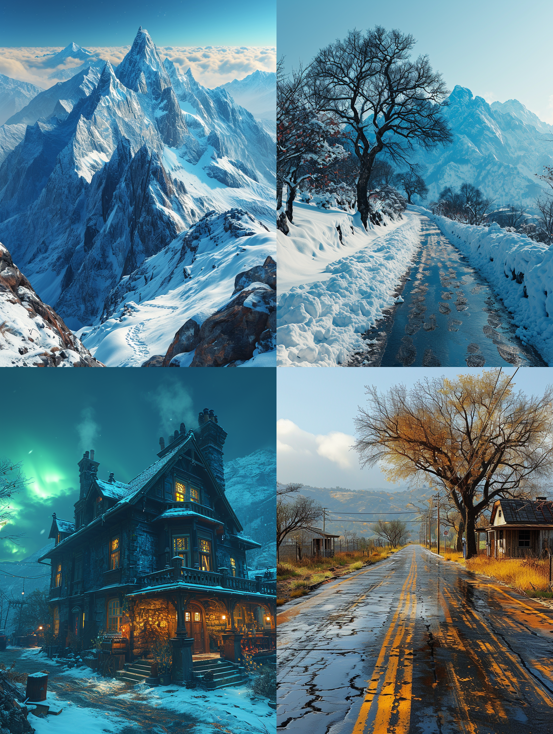 yellow aurora in yellow snow, snow mountains, roads covered with bright yellow snow, footprints and ruts on the snow back home, rivers, snowstorm, bright nights, villages, stars shine, and the aurora shines in the sky, unreal engine, a bright yellow filter, you can't imagine how beautiful it is.4k hd, hd—v 3 剪纸工艺 三分法构图 白紫 明亮的 村上隆