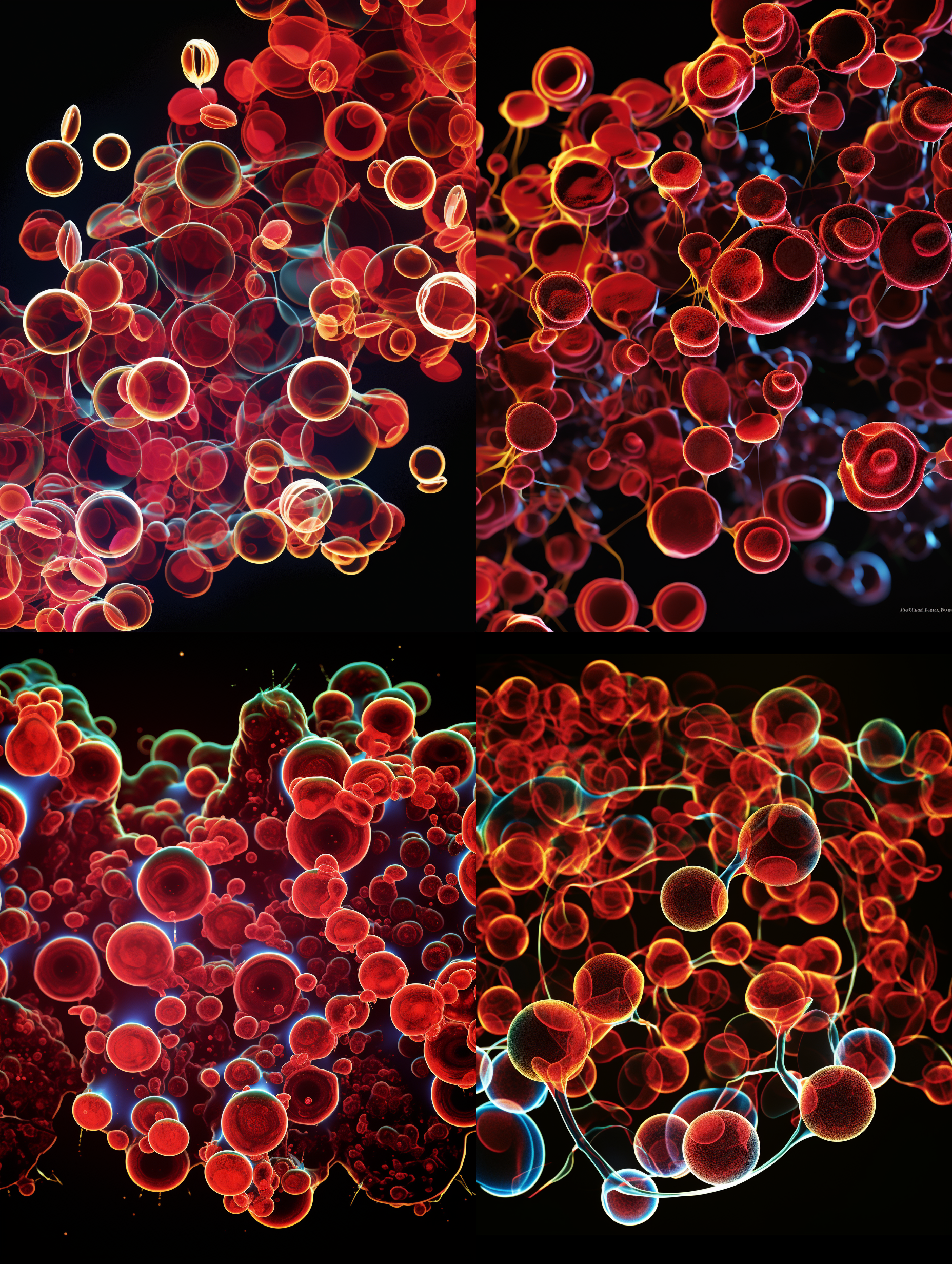 生成与参考图相同排布的立体细胞效果，要把细胞膜，细胞孔，细胞质，细胞枋，rna,dna,呈现体现出来，细胞的形态符合专业显微观察看到的细胞形态和行业细胞形态样式描述与定义，空间感和立体感突出，颜色饱和，细节层次丰富，专业c4d渲染，顶级画质和清晰度，8k超高清，细胞外光环的强度