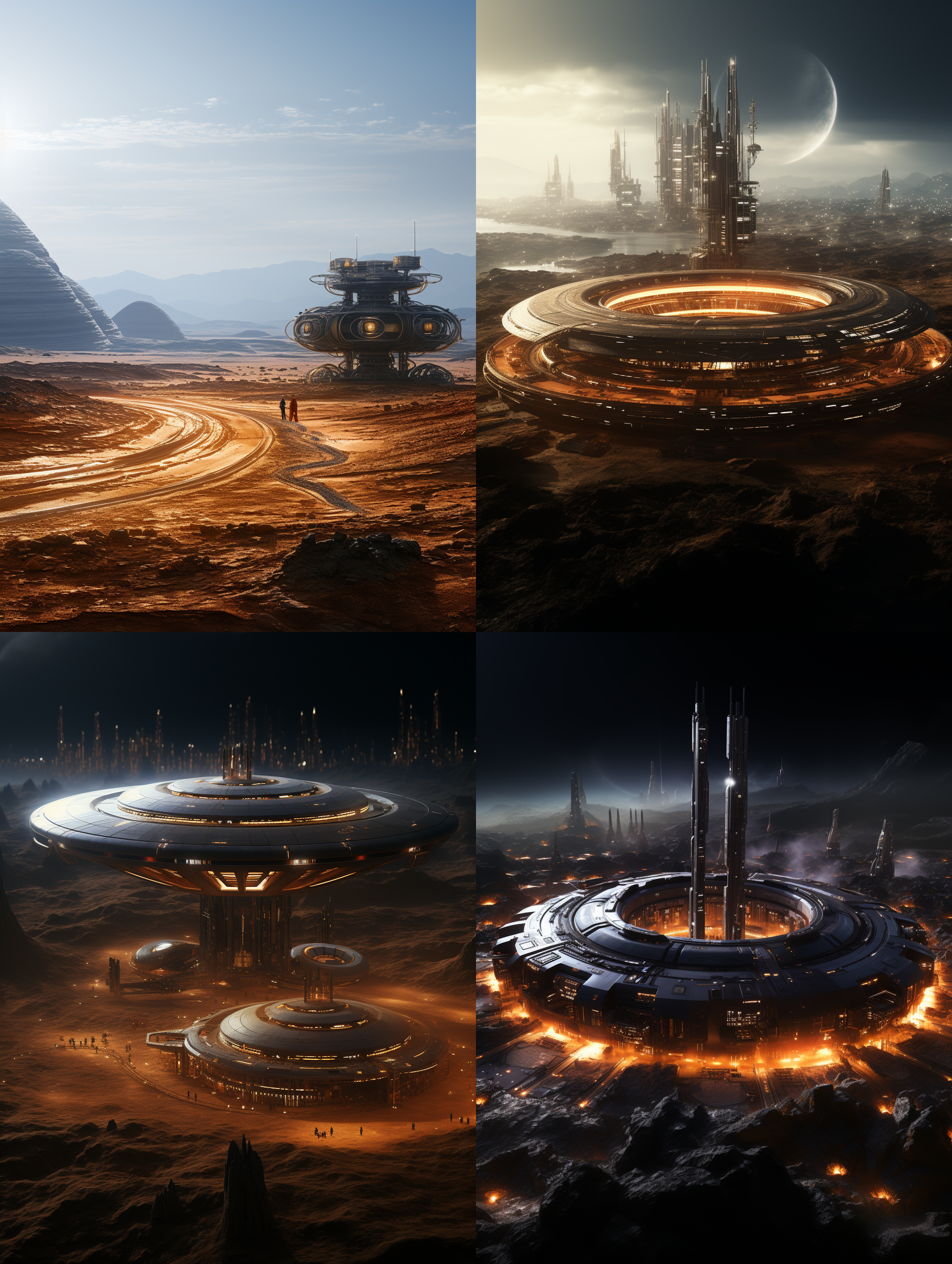 一片类似丹霞高原地貌的火星山脉群中央的一片平原地，群山的远山是规模宏大的超级城市的摩天楼和飘行飞船，一架超大型飞船伸出起落架准备降落，远处天际是巨大的星球在天上悬停，巨大的土星环互环绕着星球，七彩的天女座星云闪光着光辉，火星平原的科学实验基地建筑周边，场景超级壮观，宏大，视觉震憾，整个画面体现了未来的科技之发达，科技美学，彩色层次丰富，细节层次丰富，强烈的空间感，顶级的画质和画面美感，构图有创新，画面中要体现中国的元素，中国航天的标志，8k超高清晰