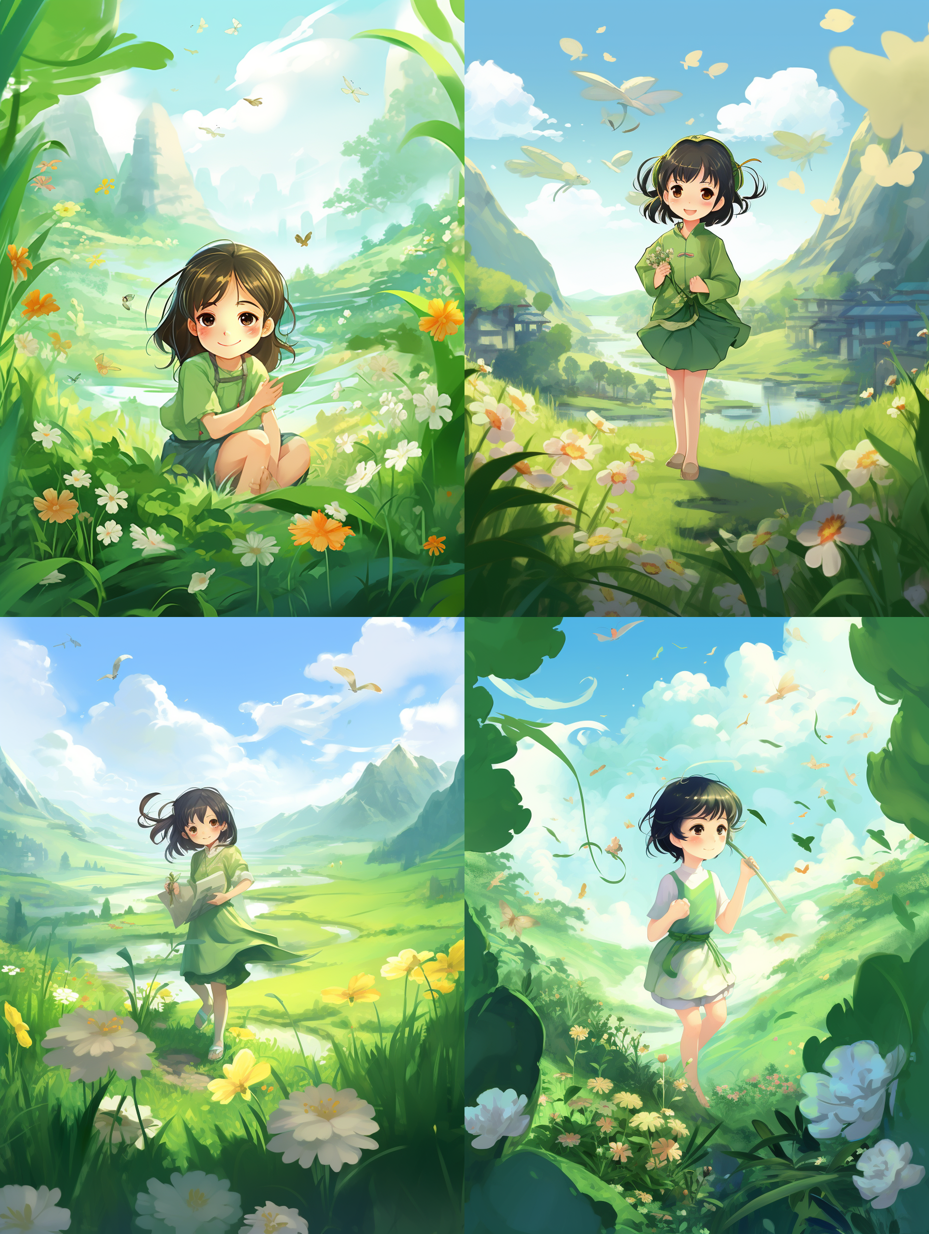an enchanting depiction of the spring begins chinese solar term festival,spring, a very cute little girl, with bright green hues in spring, a pleasant and relaxed atmosphere. green grass, various plants, cartoon style, mountains, clouds,watercolor painting, sense of light,fairy- tale, fantasy, bright background, artwork, flat il- lustration, victo ngai style, 16k ,super detailed ar 4:3 q 2 s 750 niji 5 传统媒体（手绘稿）