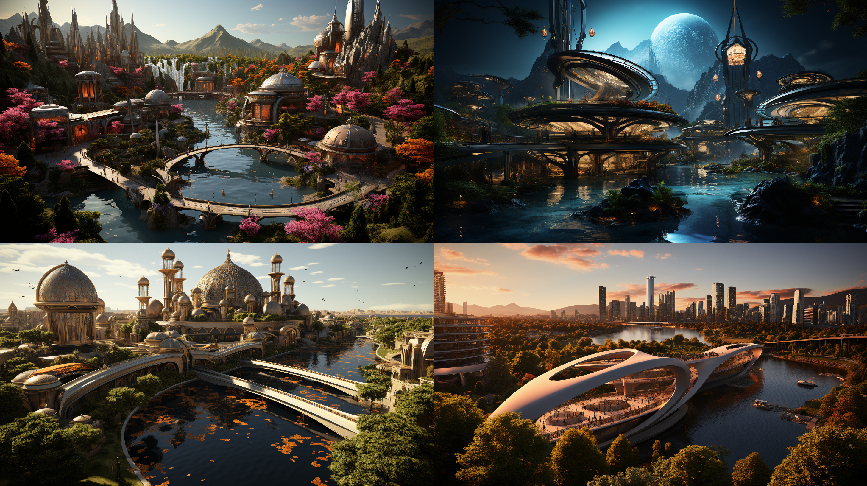 以参考图片的场景状态为标准，生成一个夕阳晚霞下的超级科幻超大规模的城市主题公园的航拍全景，高空航拍远镜头，场面规模宏大，壮观，充满突科幻感的主题雕塑，各种儿童游乐设施，儿童梦幻城堡，代充满未来科技感的科技馆建筑，迪斯尼风格的设施和建筑，大片的多彩景观绿化和景观绿植，体现生态环保的理念，具有顶级的画质和艺术美感，建筑具有未来感和高科技之感，色彩层次丰富，细节丰富逼真，超写实，8k 超高清晰度