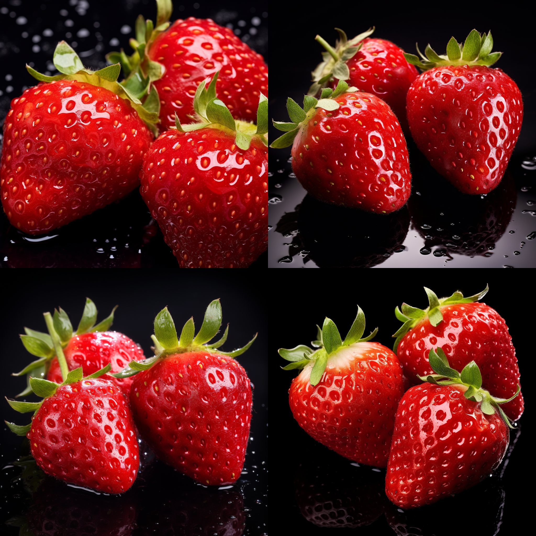 五颗草莓，随机散落，带水滴，光照效果，超真实，全幅相机