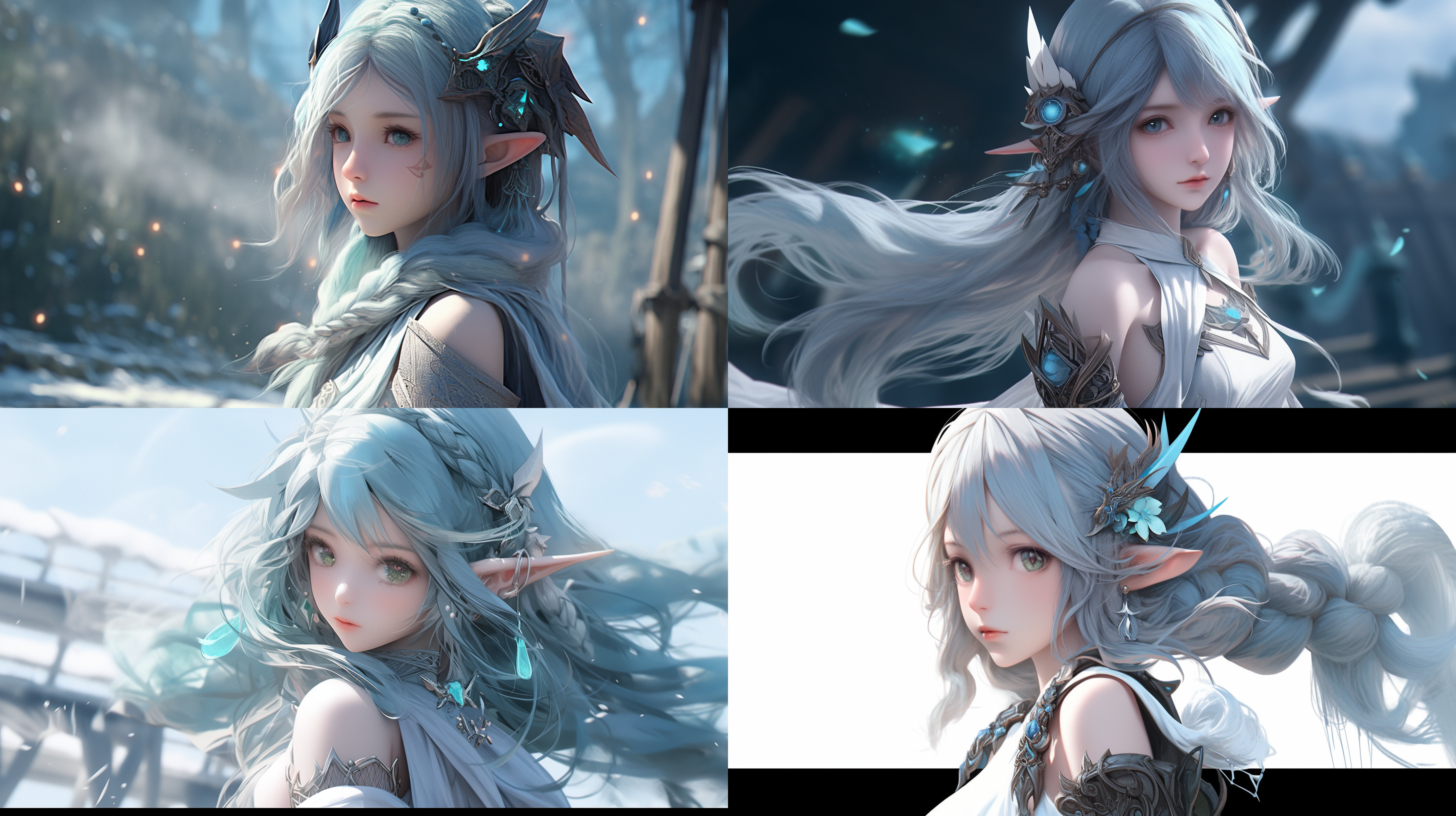 精灵少女，高品质，cg，丰满，五官精致，比例正确，氛围感，高质量，丰富细节，高分辨率， hd画质，五官精致，水蓝色头发，高分辨率，氛围，纯欲，精致，细腻，细节描绘，双马尾，可爱，全身像，远景，