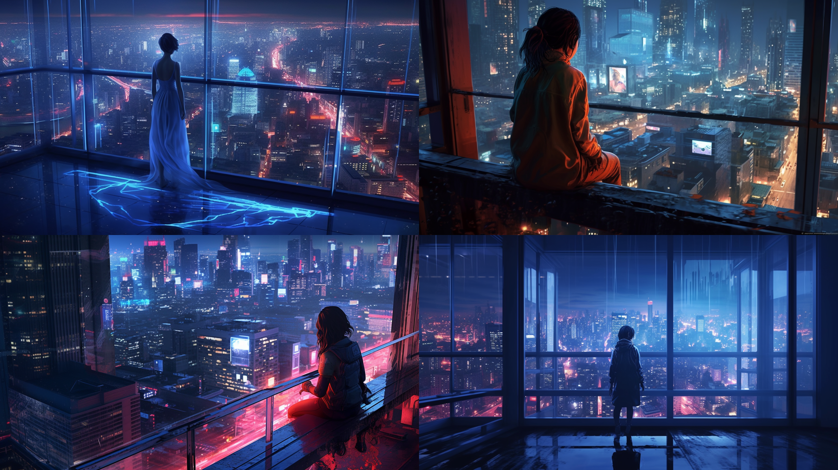 on night, a beautiful woman stands at the window of a skyscraper, overlooking the bustling street scene, the street is the main picture, drawing the street's full picture, cyberpunk style, technology style, cool colors, large scene, wide angle lens, blender, 3d, oc renderer, super details, high-definition large picture