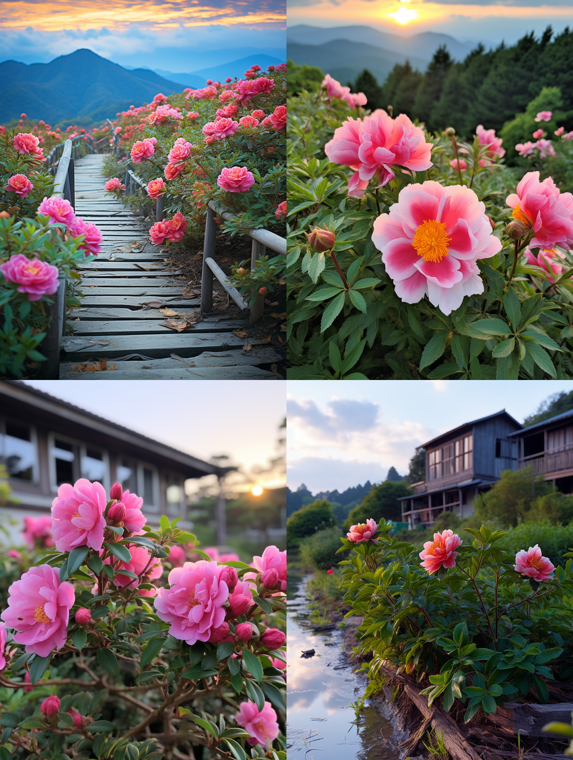 在广袤的山区地里生长着成片的芍药花，乡间小路上很多赏花的游客，远处的灌木林，乡村农民的二层房子在绿树间，远山，夕阳火烧云彩霞，专业风光摄影效果，8k画质，超高清晰度，顶级专业的风光摄影，构图符合专业摄影，中景镜头，全景