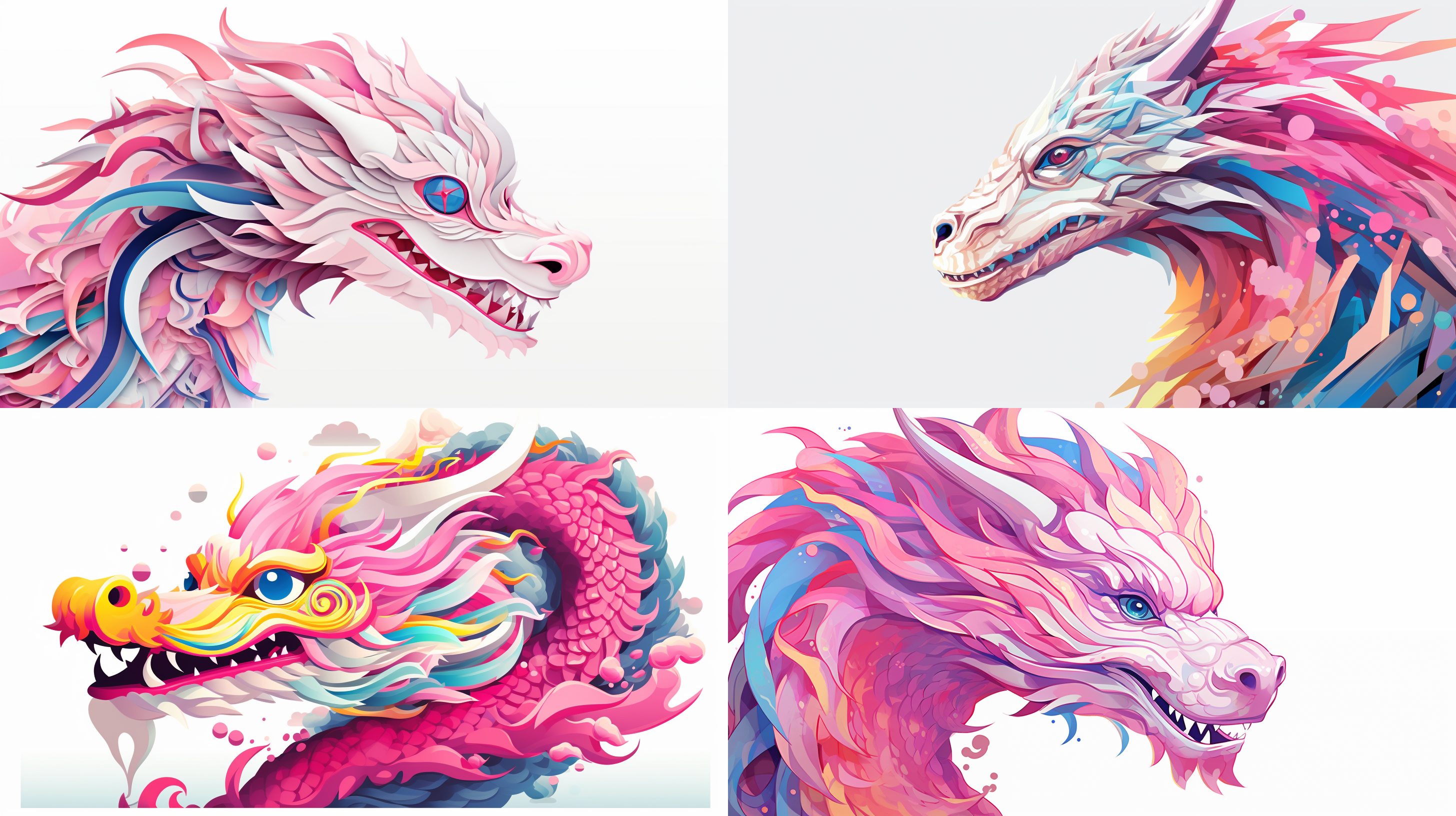 side portrait of cute chinese dragon, pink,plane illustration, bamileke, fantasy, geometric figure, bright colors, bold composition, cartoon, white background, close up, 2d, minimalism ar 3:4 niji 5 s 250