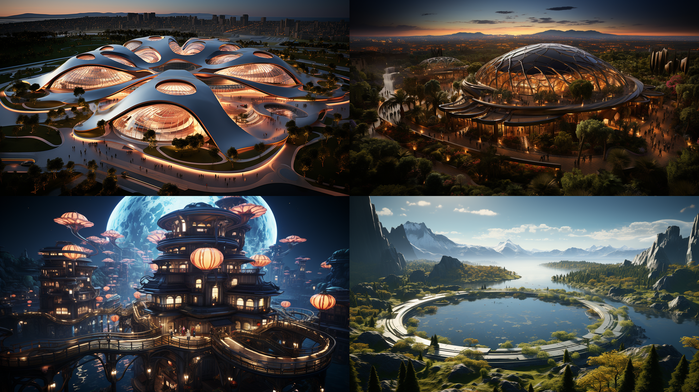 以参考图片的场景状态为标准，生成一个夕阳晚霞下的超级科幻超大规模的城市主题公园的航拍全景，高空航拍远镜头，场面规模宏大，壮观，充满突科幻感的主题雕塑，各种儿童游乐设施，儿童梦幻城堡，代充满未来科技感的科技馆建筑，迪斯尼风格的设施和建筑，大片的多彩景观绿化和景观绿植，体现生态环保的理念，具有顶级的画质和艺术美感，建筑具有未来感和高科技之感，色彩层次丰富，细节丰富逼真，超写实，8k 超高清晰度