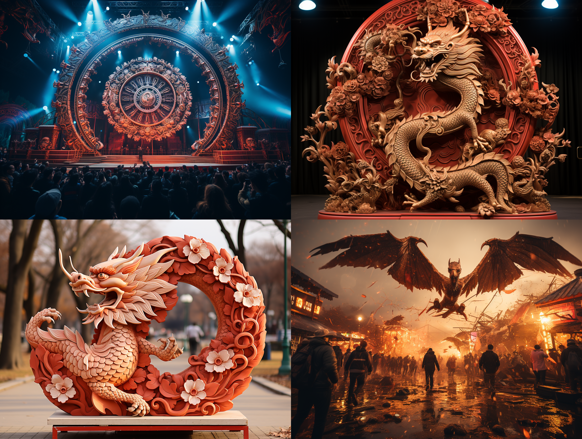 一对金色的中国龙和在喜庆的中国春节舞台上腾飞展翅，龙凤呈祥，舞台炫现夺目，央视综艺类节目高端舞台设计和效果，中国元素，中国传统元素的现代舞台设计，整体红色调，充满了强烈的民族色彩和节日喜庆的气氛，顶级画质和艺术感 色彩饱和和层次丰富，8k顶级画质，超写实摄影，七彩炫光的水晶玻璃舞台，倒影， 