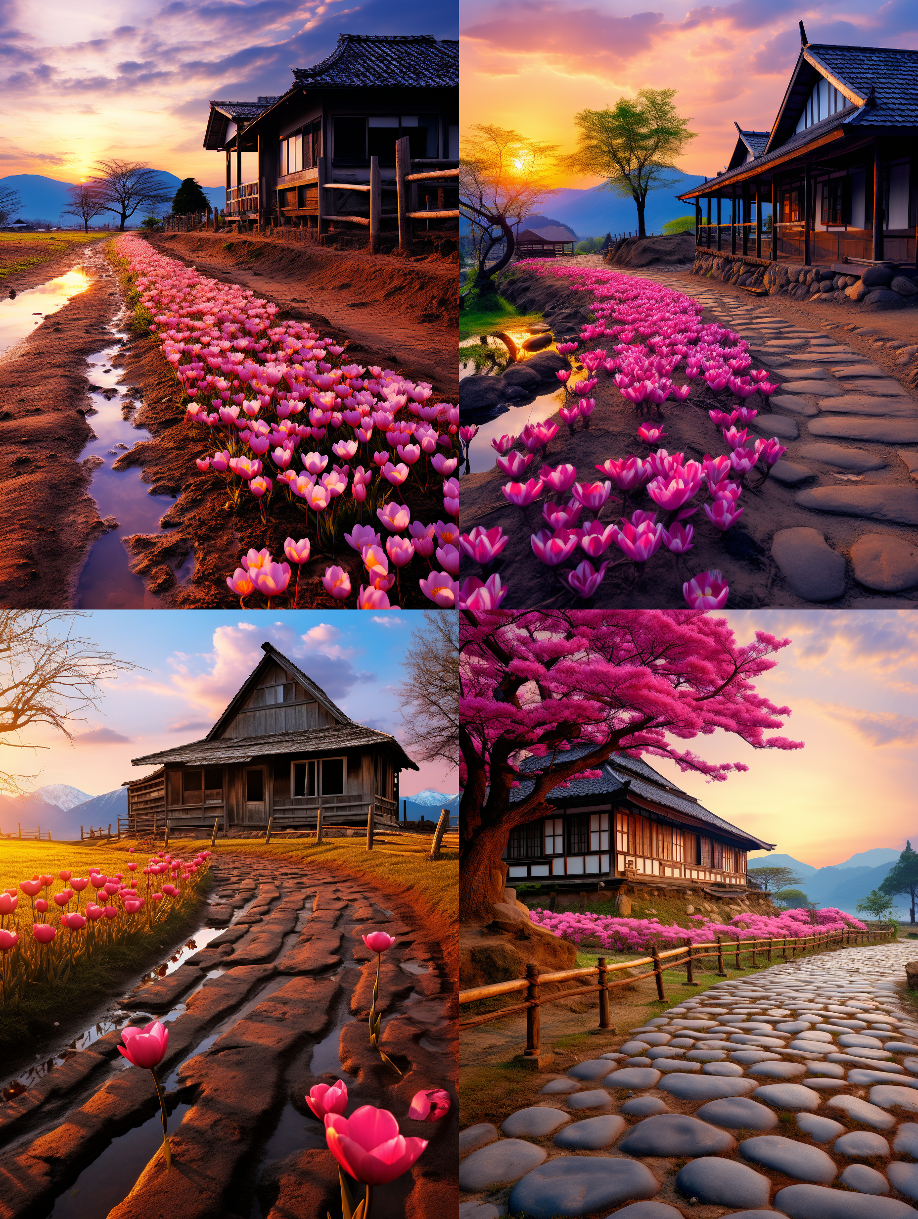 在乡间一处木屋的前，长着一片紫色的郁金香花，老榕树，远处的山林和远山，木板的小桥，鹅卵石的小路，细水潺潺的小溪，天空火烧云的红色晚霞，阳光的余辉依然灿烂！顶级的专业风光摄影效果，顶级的摄影作品画质和清晰 度，非常唯美，色彩丰富细腻，画面细节丰富！8k超高清晰度，大文件