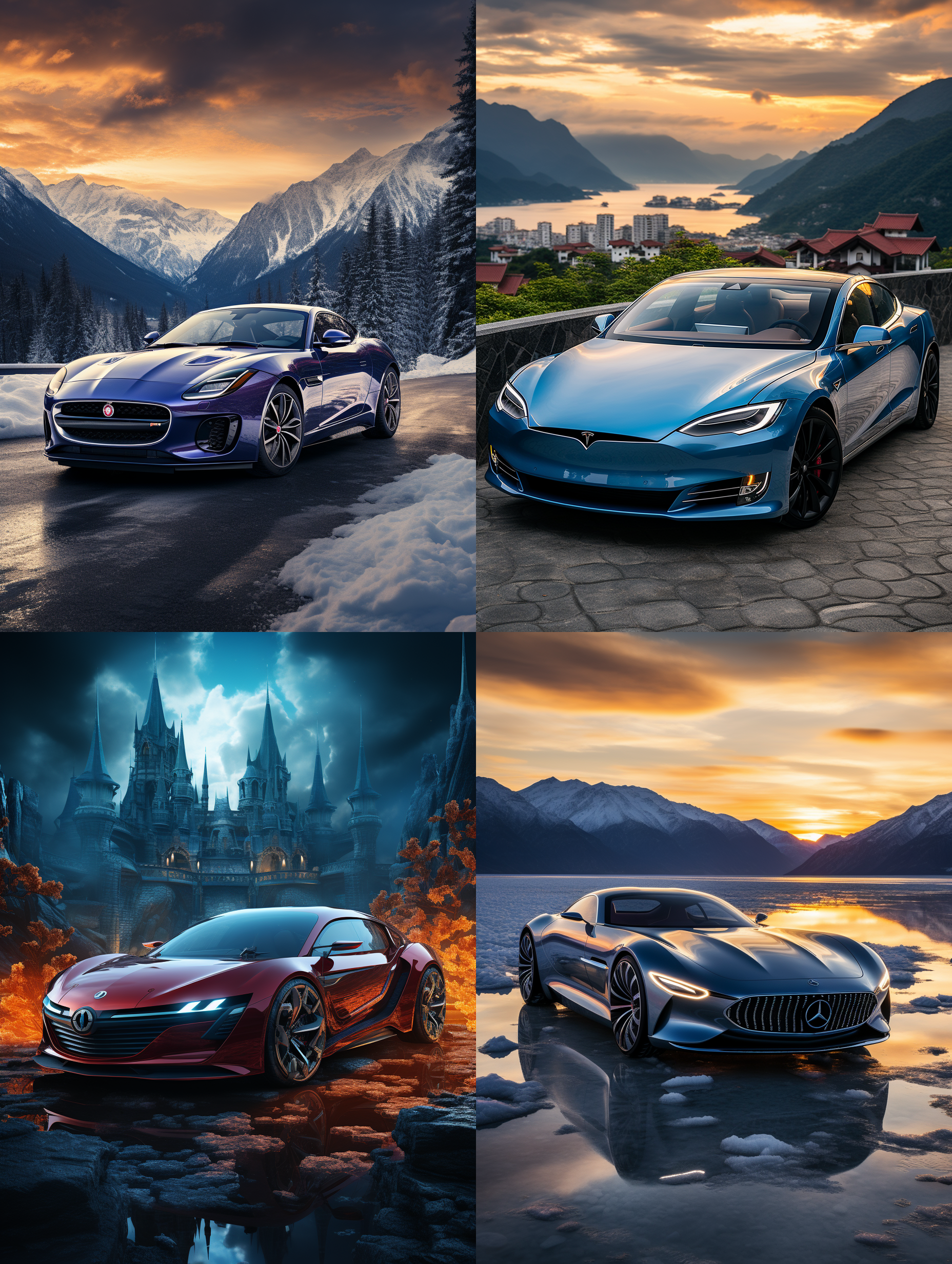 在一片晚霞的山顶停放一辆顶级的电动豪华跑车，蓝色车漆，很有未来感和科技感，跑车的前卫设计，群山耸立，山顶的公路，云海飘动，顶级专业的摄影效果，8k的超高清画质，大文件