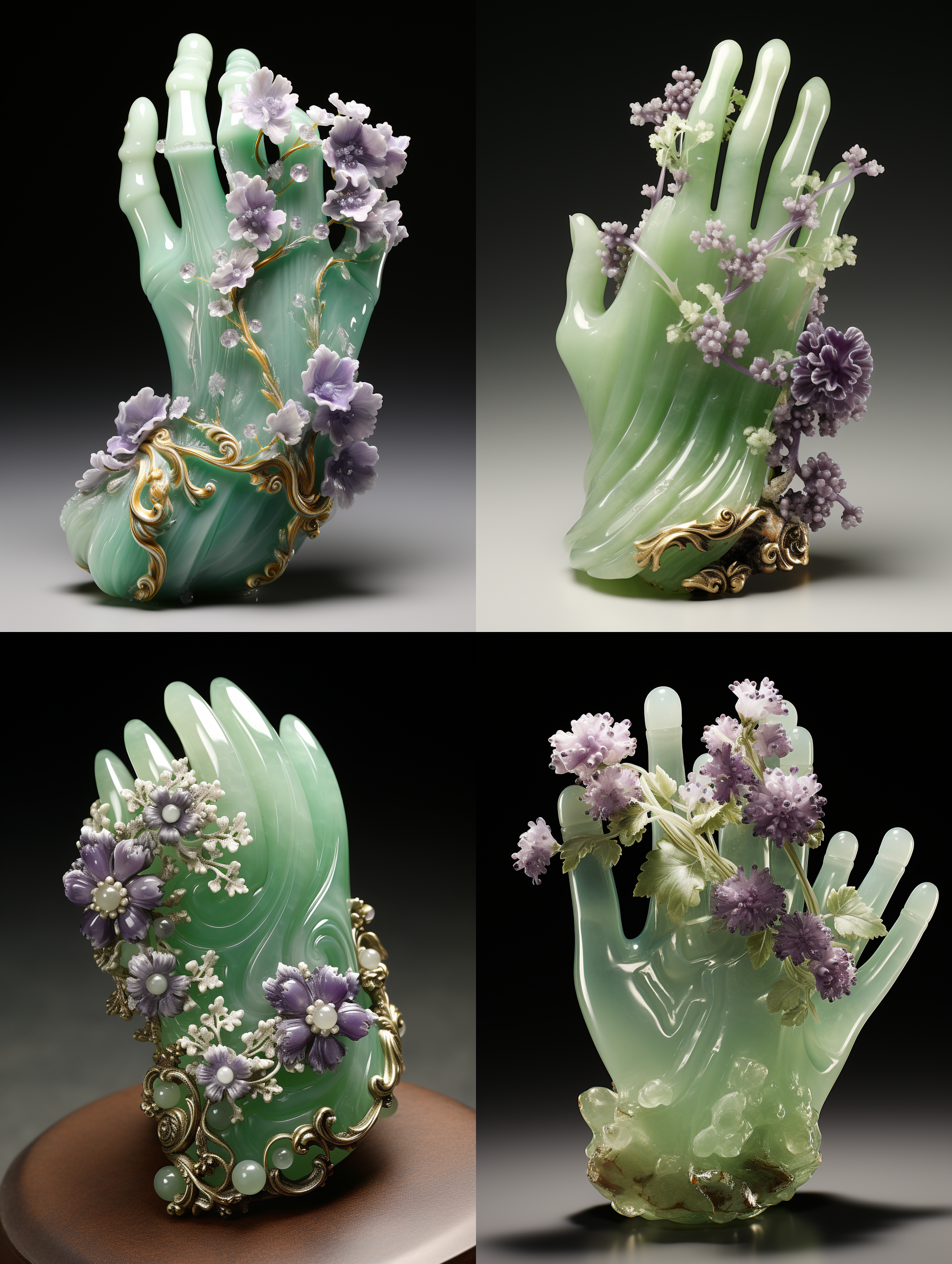 一只美女的玉手，手上做了以白色和紫色冰晶花为造型的美甲，