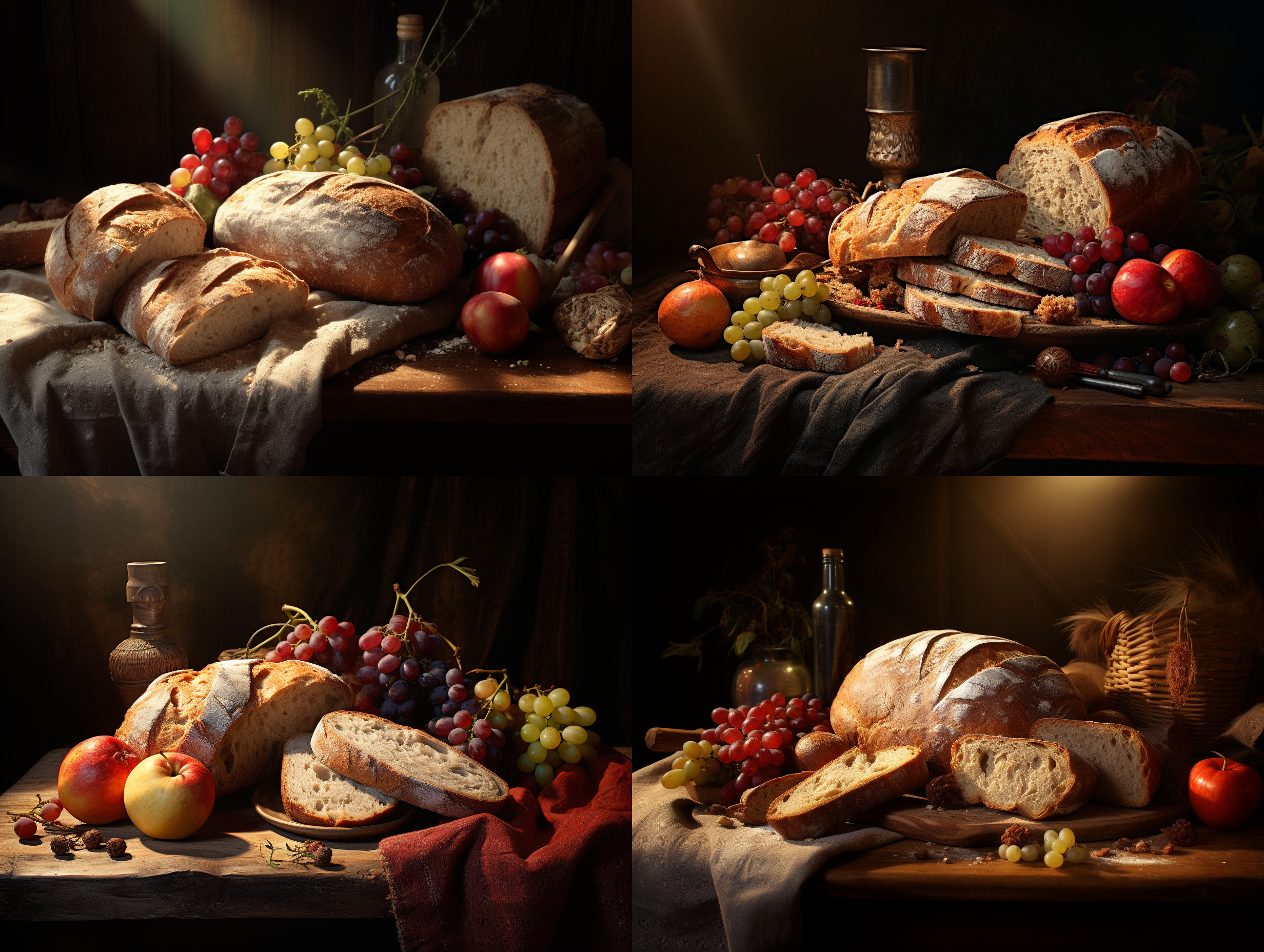 large fruit and bread, super soft light, rembrandt style, studio light, ultra detailed, photorealistic, 4k