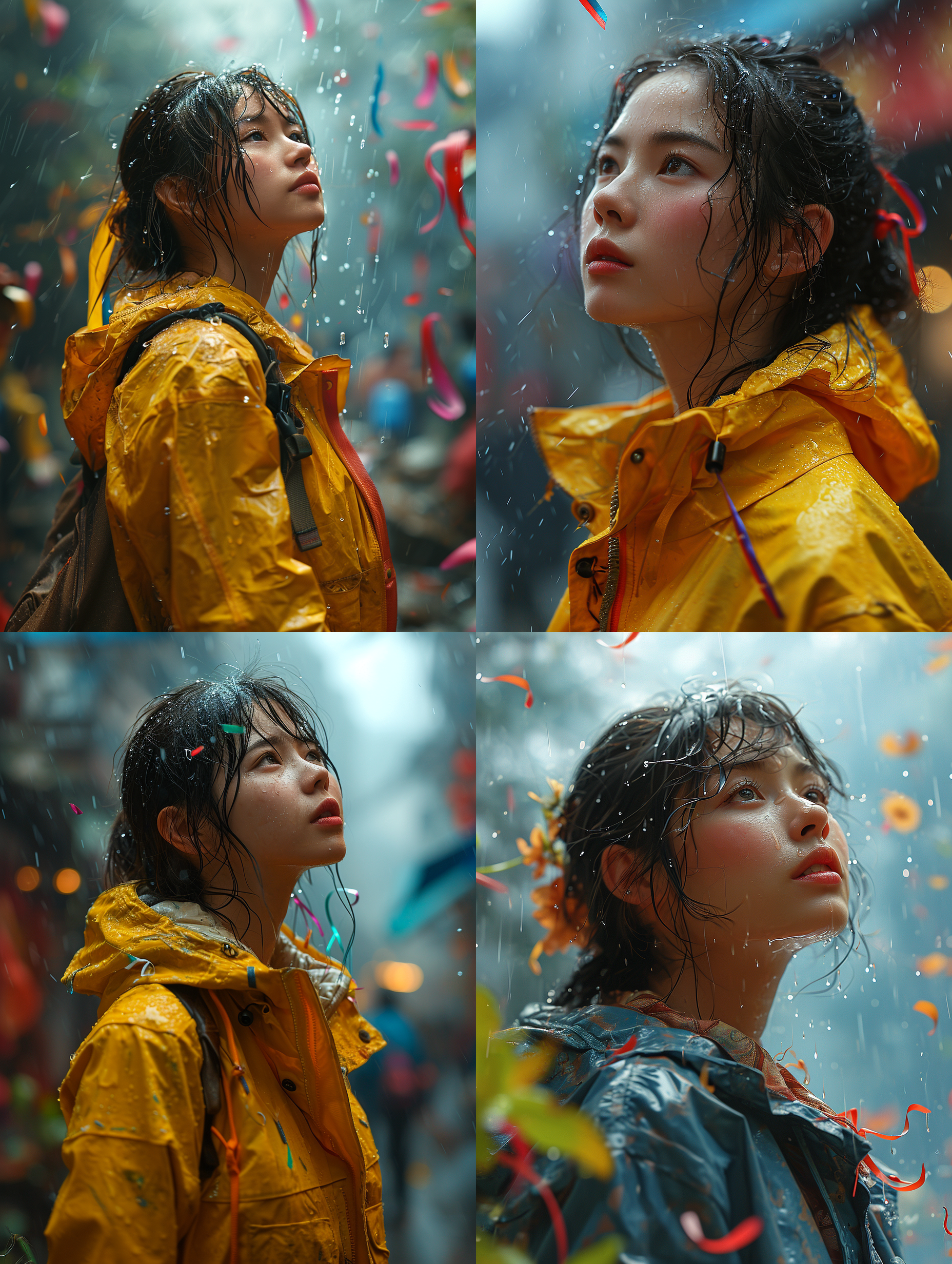 一位中国女士穿着风衣仰望天空，大雨澎湃，彩色的飘带飘满天空，真实风格 