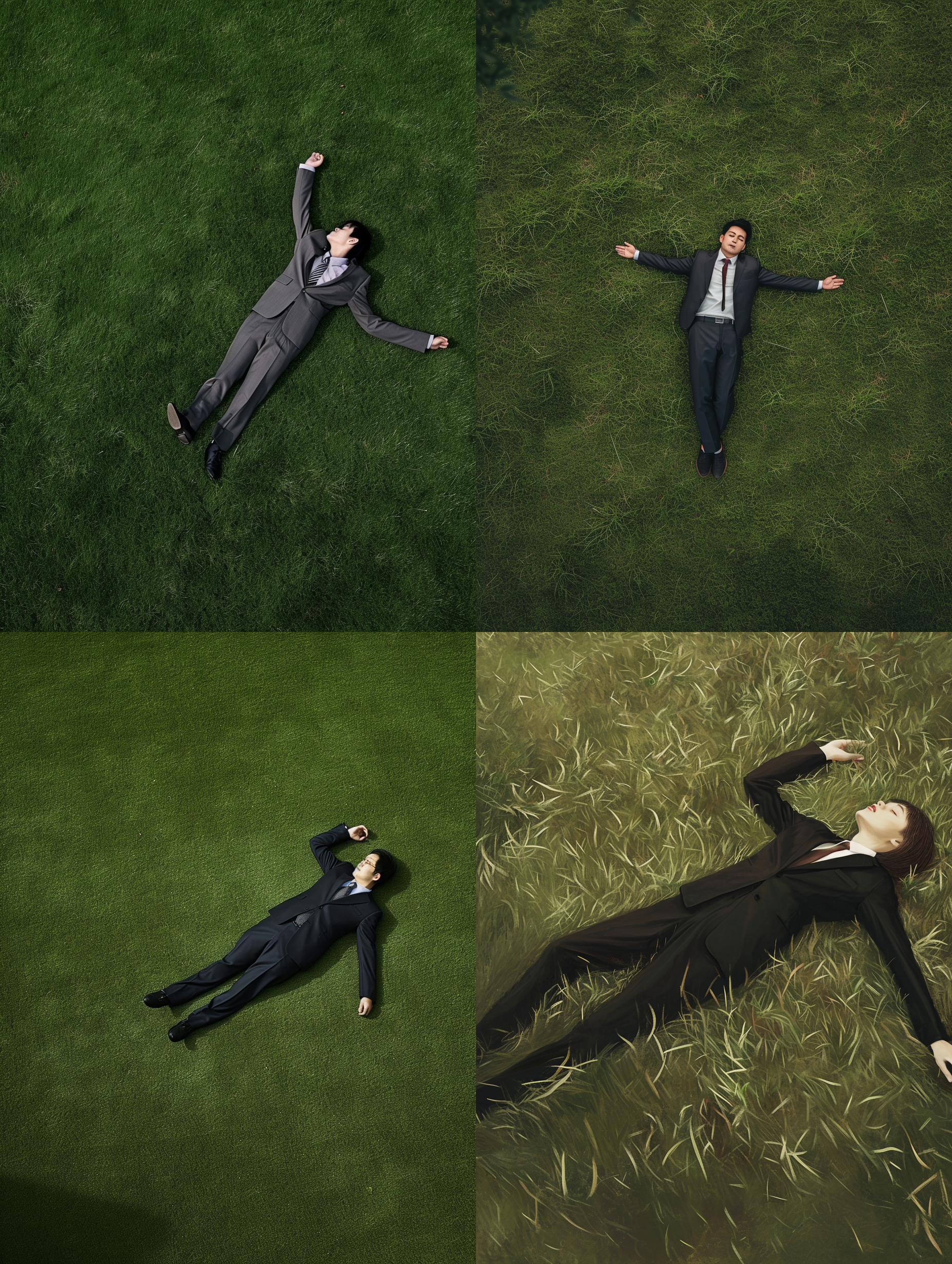 草坪，穿西装的亚洲人，躺平，艺术，怪诞美学