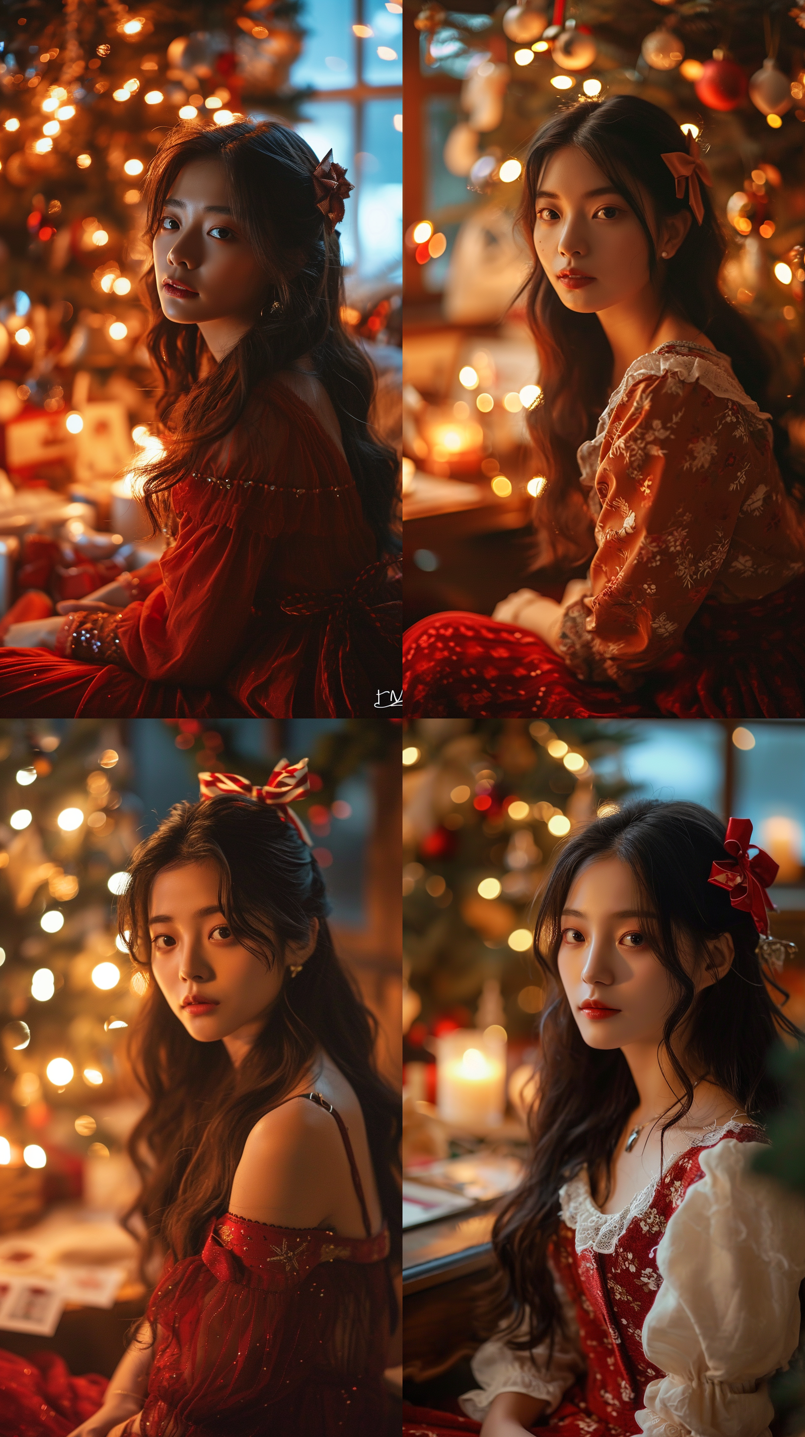 a beautiful asian women with long hair and a bow in her hair sitting in front of a christmas tree with a christmas card, wearing red skirt,cute,soft candle light,knees up ,velvet,relaxed,dslr,bedroom,long shot(ls),best quality