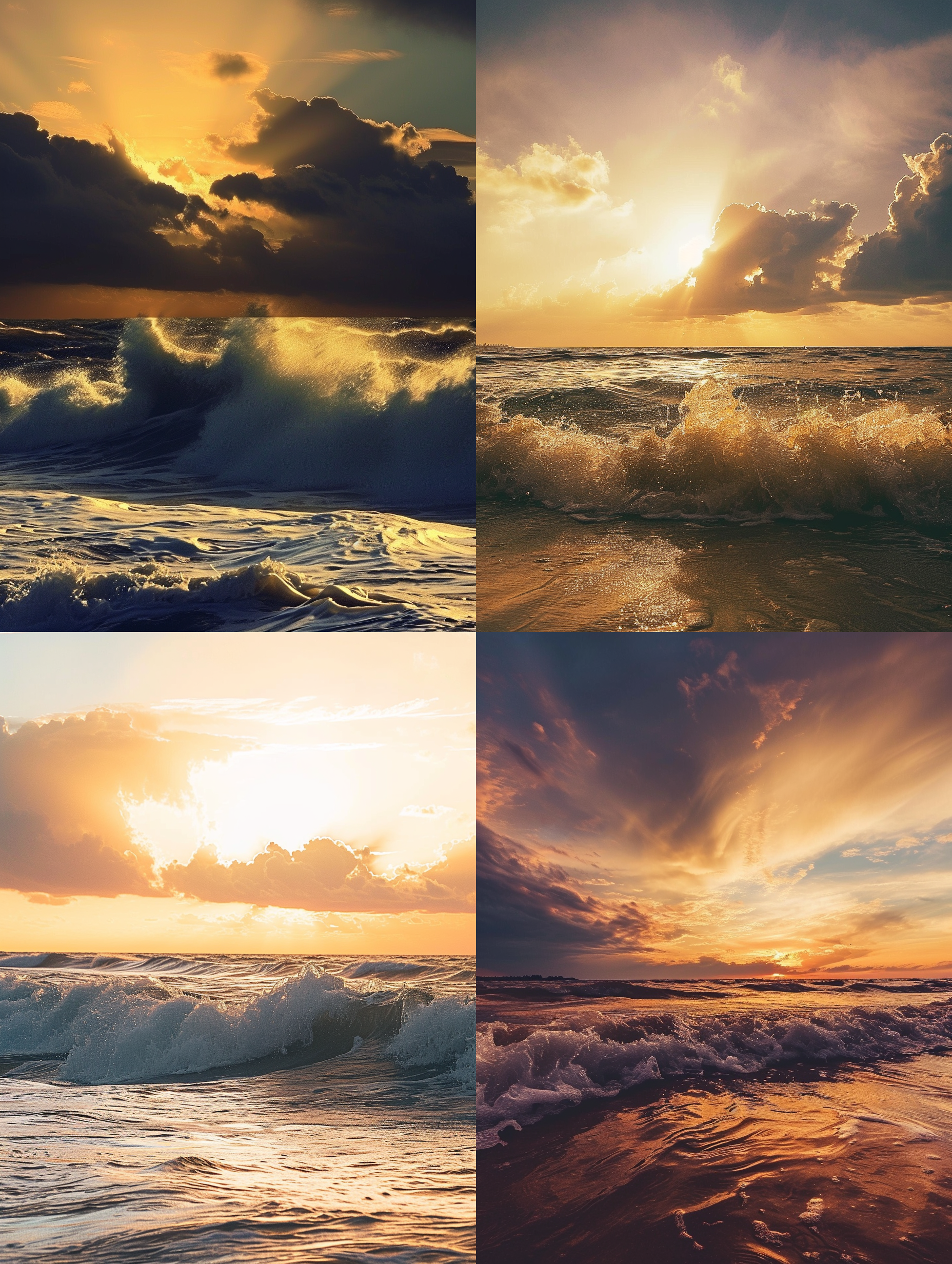 落日，海边，黄金色调，云彩漂浮，逆光拍摄，镜头透视，波涛汹涌，渐变色调，宁静，浪漫，壮丽。