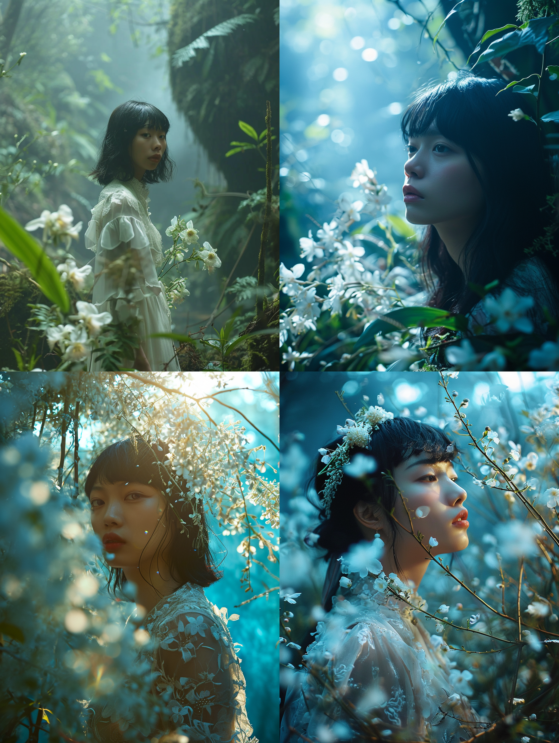 a woman,photography by rinko kawauchi,model nana komatsu in lightblue fantasy rainforest,with white flowers,backlight,golden hour,video screen capture
