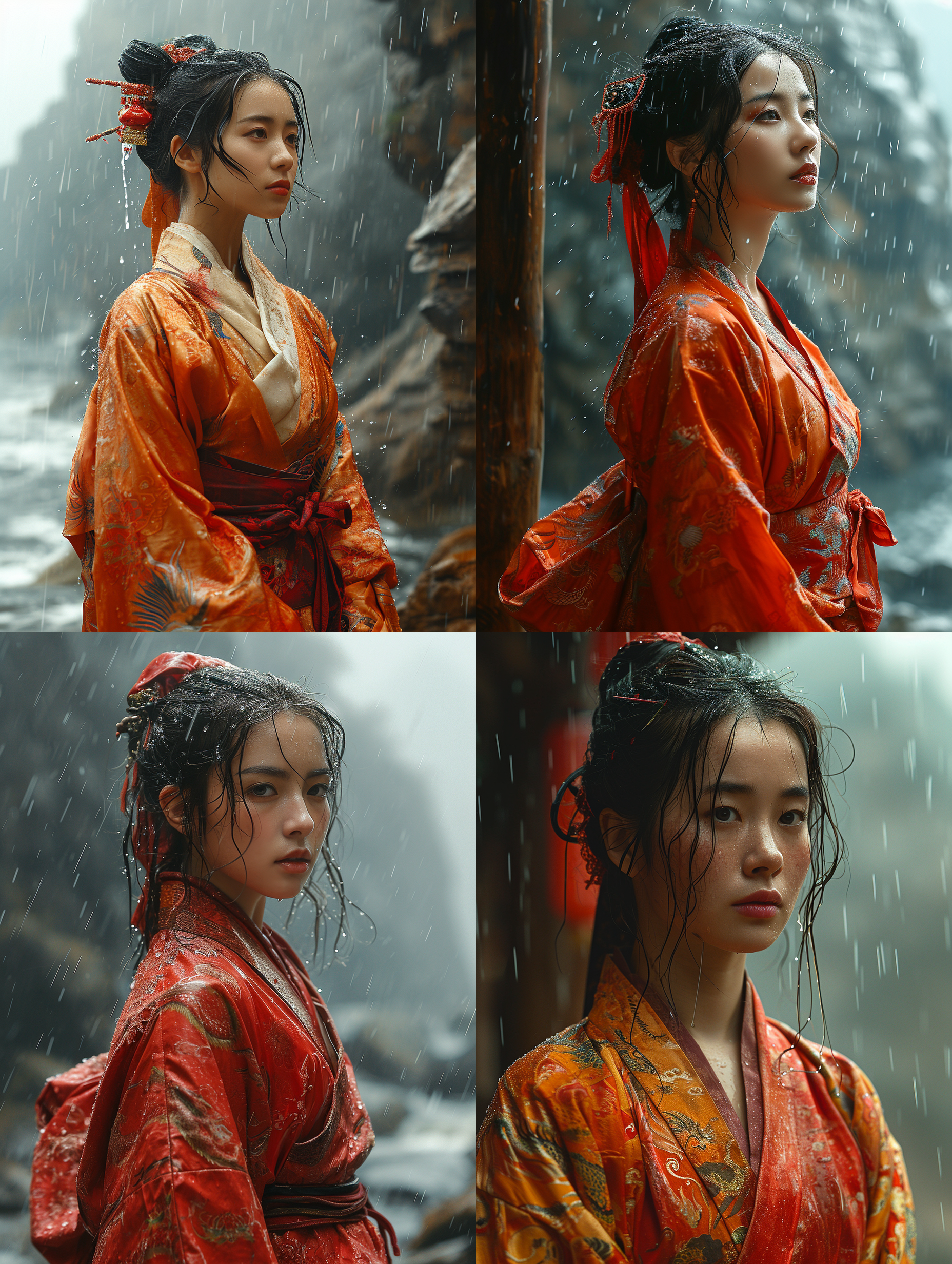 中国美女，身穿这龙袍，站在大雨中，眼神坚毅地望向远方，背景是辽阔的山海，半身照，真实风格，