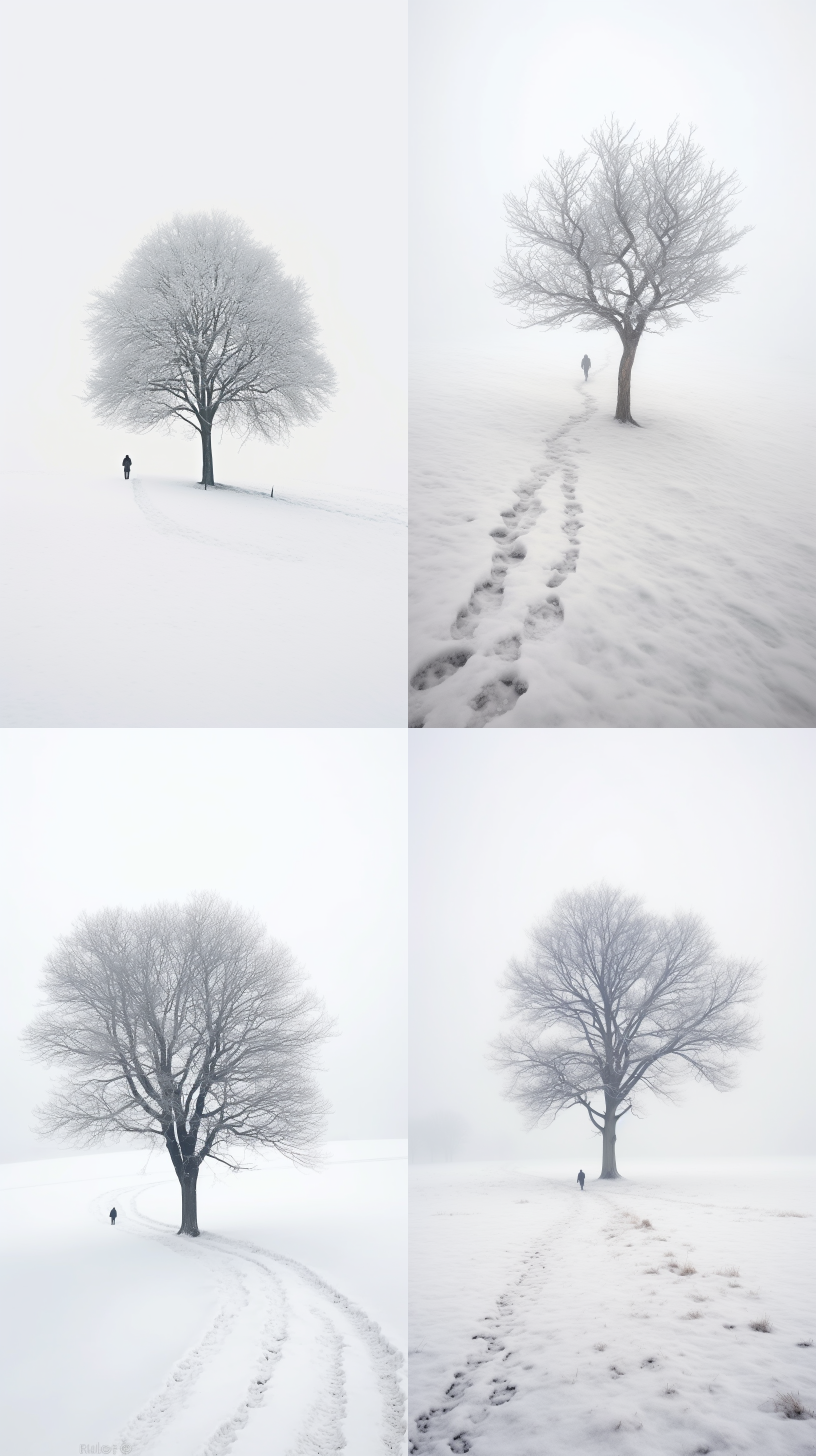 a tree is walking across the snow in the snow, hazy, foggy::2, endless snow, in the style of captivating documentary photos, akos major, monochrome landscapes, intricately mapped worlds, documentary travel photography, layered lines, time-lapse photography, nikon d850