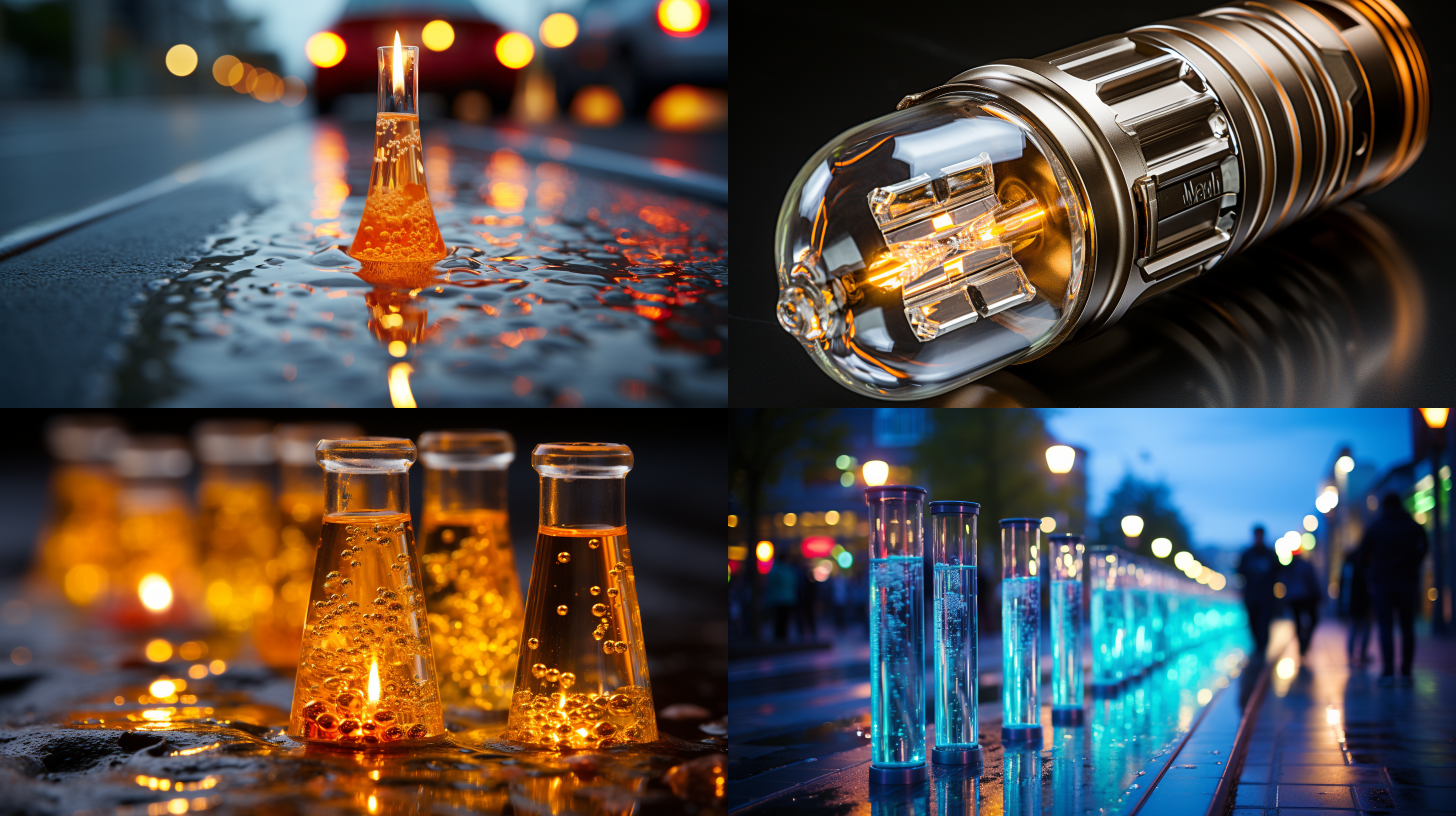 玻璃外壳的仪器，玻璃试管，试管里充满污水，微距摄像头对着试管，灯光照明，科技风格，透视构图，清晰细节，污染警示，金属风格，科技效果。