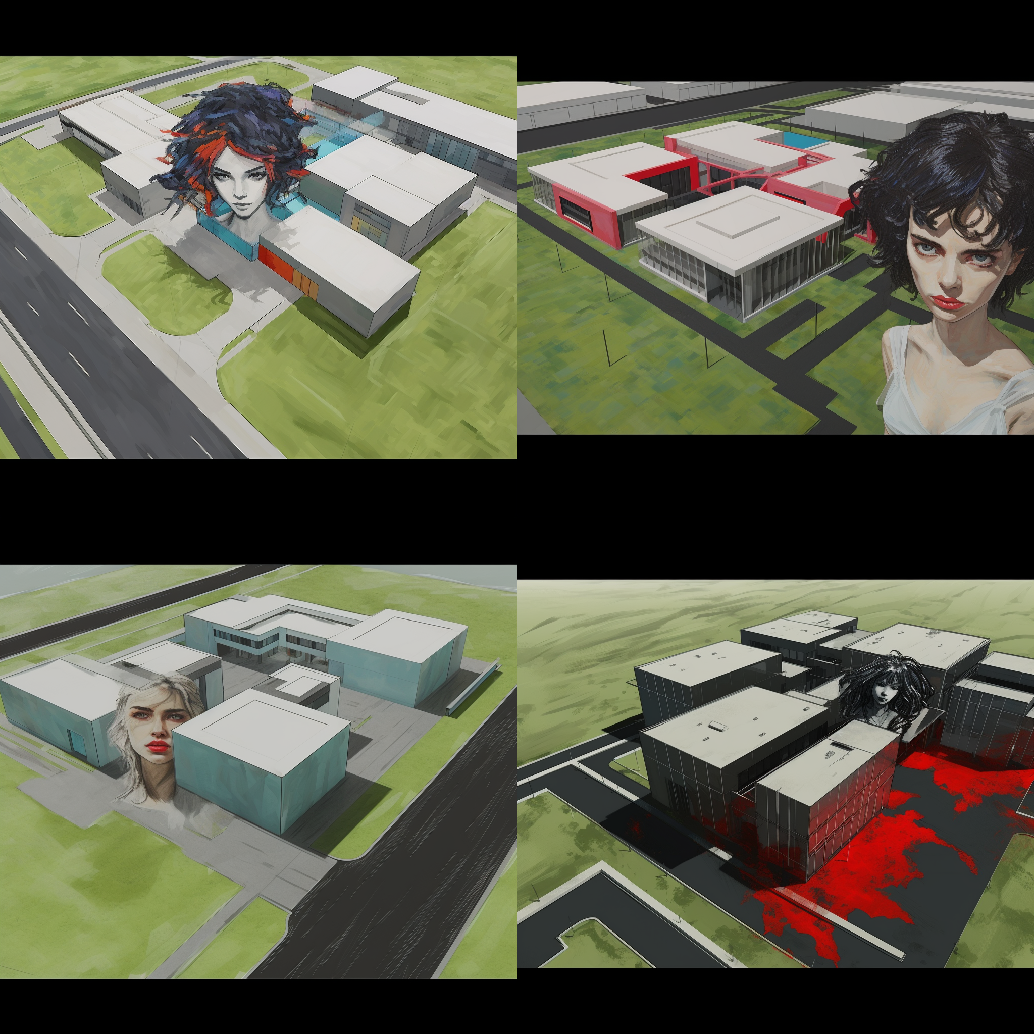 博物馆立面细化，鸟瞰图，多层次构图，对称布局，现代风格，玻璃幕墙，明亮阳光，蓝天白云，镜头透视，建筑细节，纹理丰富，冷色调，静谧宁静。