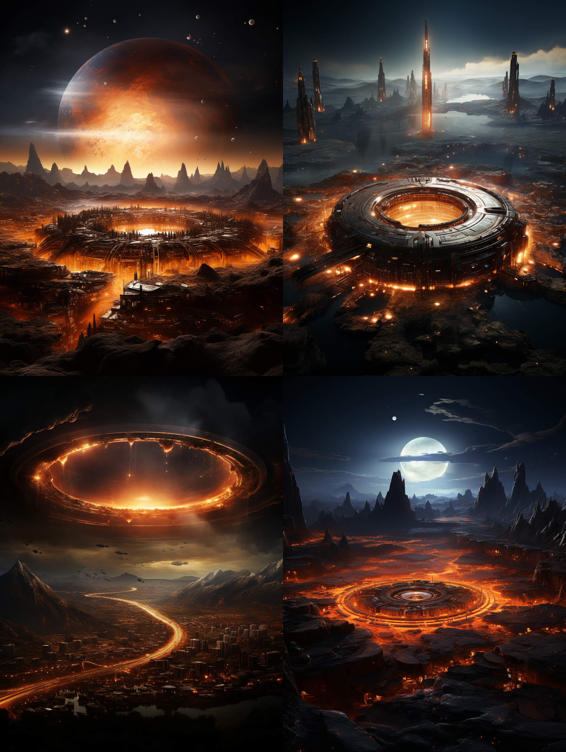 一片类似丹霞高原地貌的火星山脉群中央的一片平原地，群山的远山是规模宏大的超级城市的摩天楼和飘行飞船，一架超大型飞船伸出起落架准备降落，远处天际是巨大的星球在天上悬停，巨大的土星环互环绕着星球，七彩的天女座星云闪光着巨大的光辉，火星平原的科学实验基础分布座落在降落区周边，整个画面体现了未来的科技之发达，科技美学，顶级的画质和画面美感，构图有创新，画面中要体现中国的元素，中国航天的标志，8k超高清晰度 ，大文件