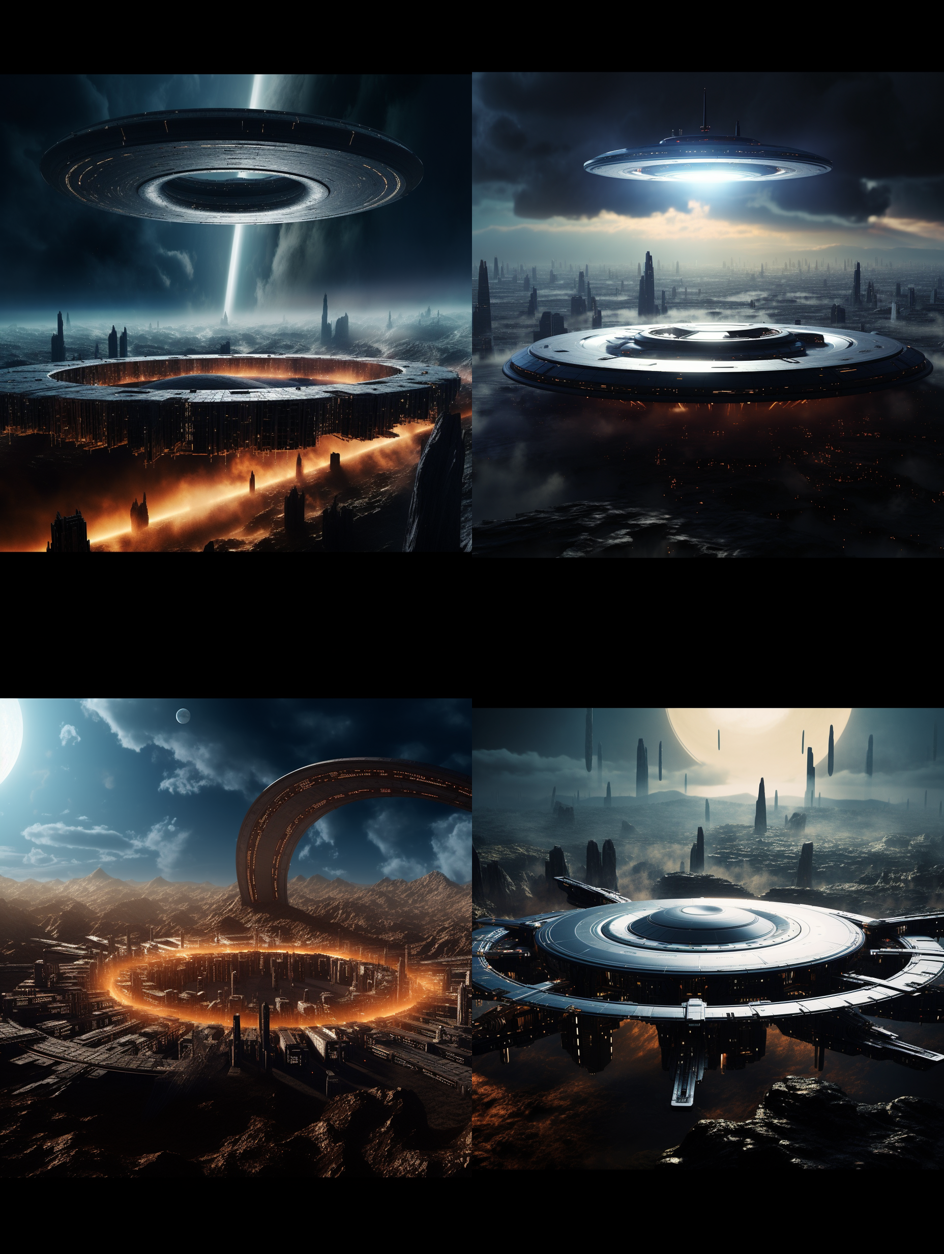 一片类似丹霞高原地貌的火星山脉群中央的一片平原地，群山的远山是规模宏大的超级城市的摩天楼和飘行飞船，一架超大型飞船伸出起落架准备降落，远处天际是巨大的星球在天上悬停，巨大的土星环互环绕着星球，七彩的天女座星云闪光着光辉，火星平原的科学实验基地建筑周边，场景超级壮观，宏大，视觉震憾，整个画面体现了未来的科技之发达，科技美学，彩色层次丰富，细节层次丰富，强烈的空间感，顶级的画质和画面美感，构图有创新，画面中要体现中国的元素，中国航天的标志，8k超高清晰度 ，大文件 