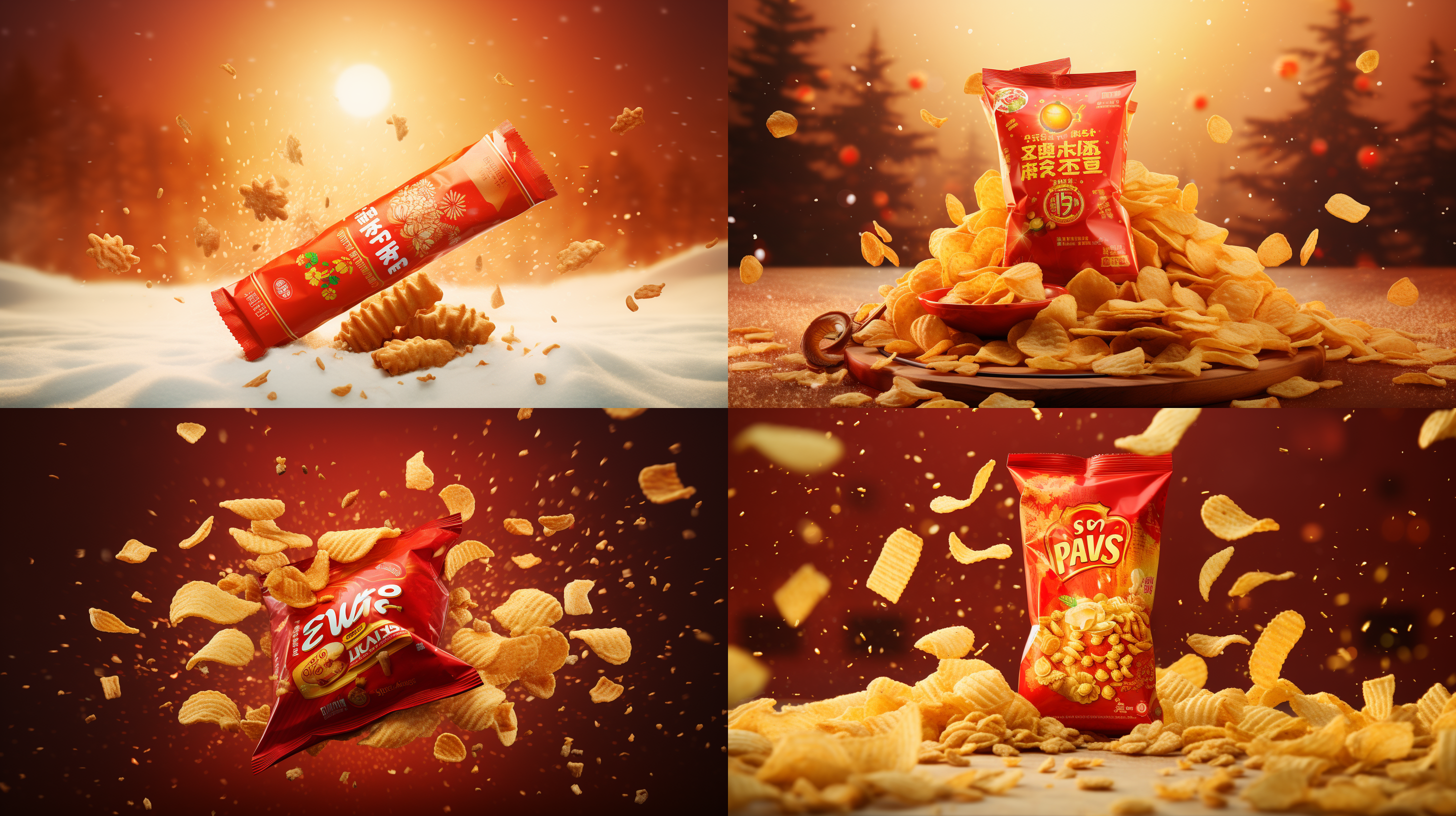 lay's crisps, new year's package, in the festive atmosphere of the new year, clouds, gods of wealth, firecrackers, lanterns, pine trees, chinese elements, natural light,product photography, commercial photography, realistic, intricate details,32k, telephoto lens, sony lens ar9:16 s750 q2 style raw iw 2.0