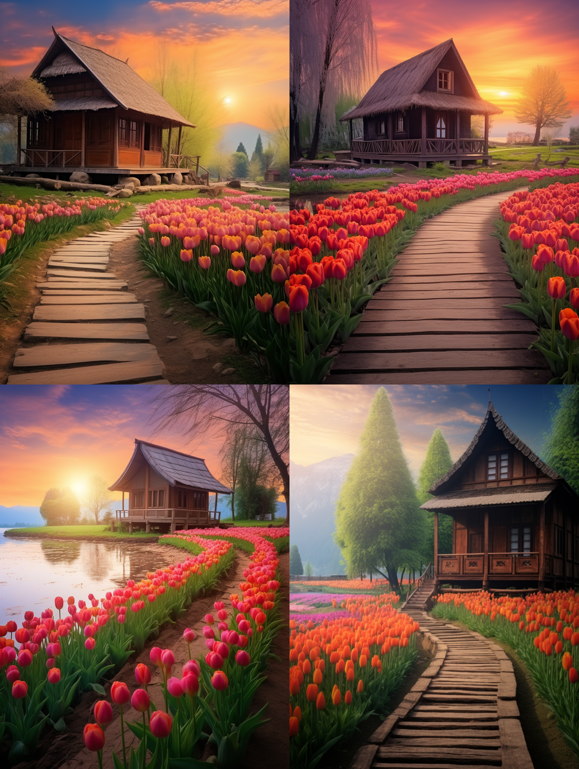 在乡间一处木屋的前，长着一片红色，紫色，金色和粉色的郁金香花，老榕树，远处的山林和远山，木板的小桥，细水潺潺的小溪，天空火烧云的红色晚霞，阳光的余辉依然灿烂！顶级的专业风光摄影效果，顶级的摄影作品画质和清晰 度，非常唯美，色彩丰富细腻，画面细节丰富！8k超高清晰度，大文件