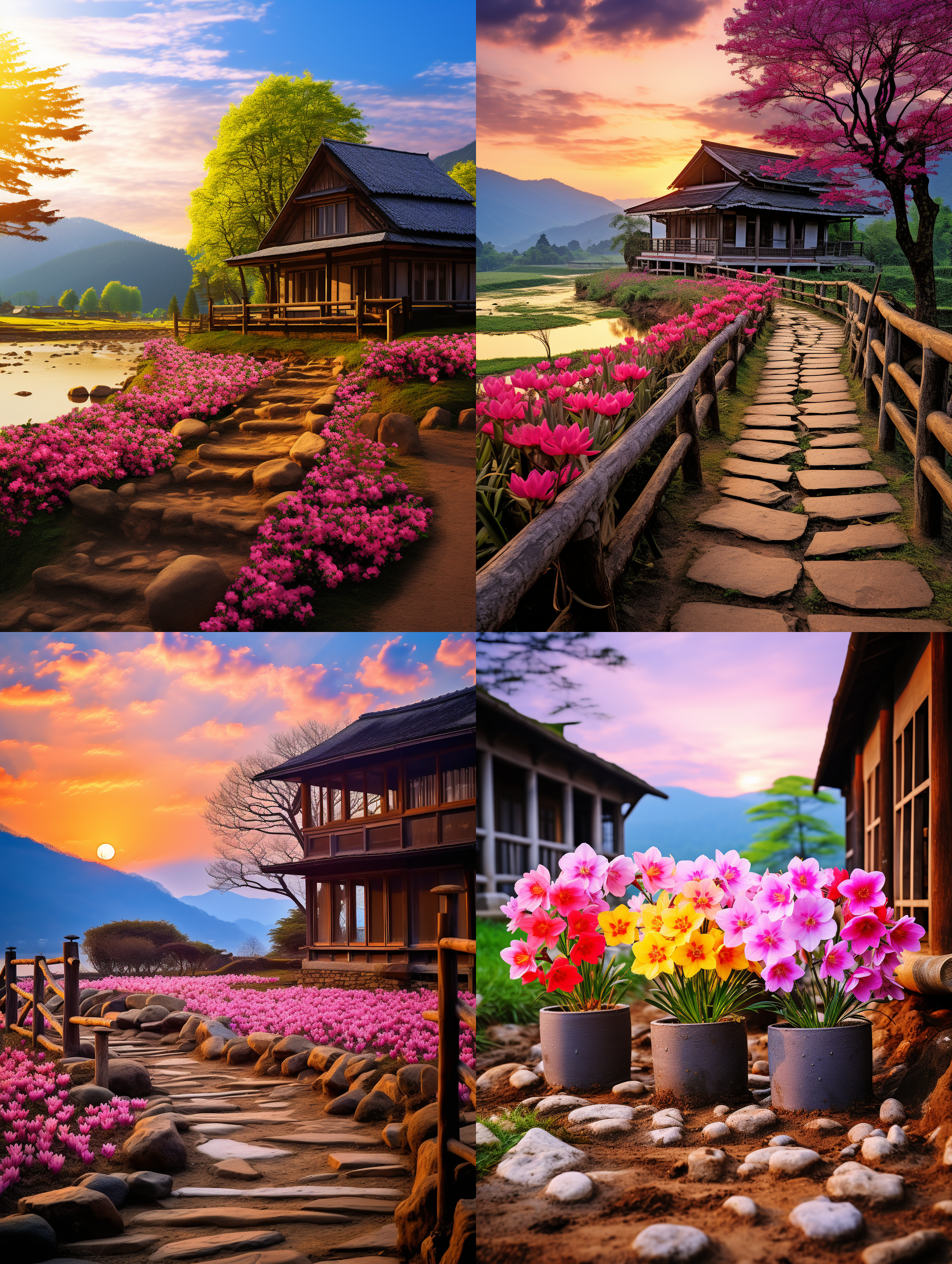 在乡间一处木屋的前，长着一片紫色的郁金香花，老榕树，远处的山林和远山，木板的小桥，鹅卵石的小路，细水潺潺的小溪，天空火烧云的红色晚霞，阳光的余辉依然灿烂！顶级的专业风光摄影效果，顶级的摄影作品画质和清晰 度，非常唯美，色彩丰富细腻，画面细节丰富！8k超高清晰度，大文件