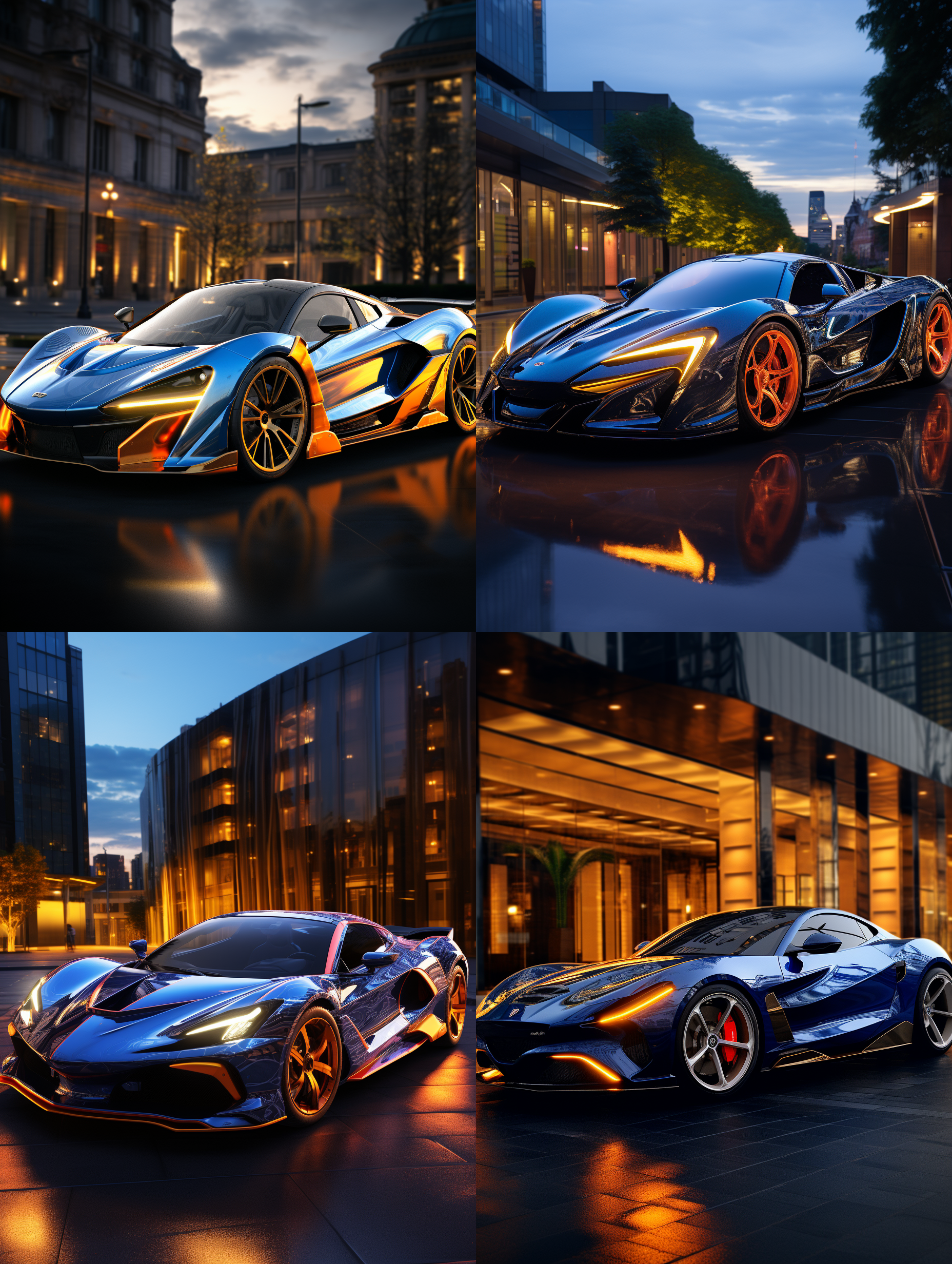 在一片晚霞的cbd商务中心公园广场停放一辆顶级的电动豪华跑车，蓝色车漆，很有未来感和科技感，跑车的前卫设计，顶级专业的摄影效果，8k的超高清画质，大文件