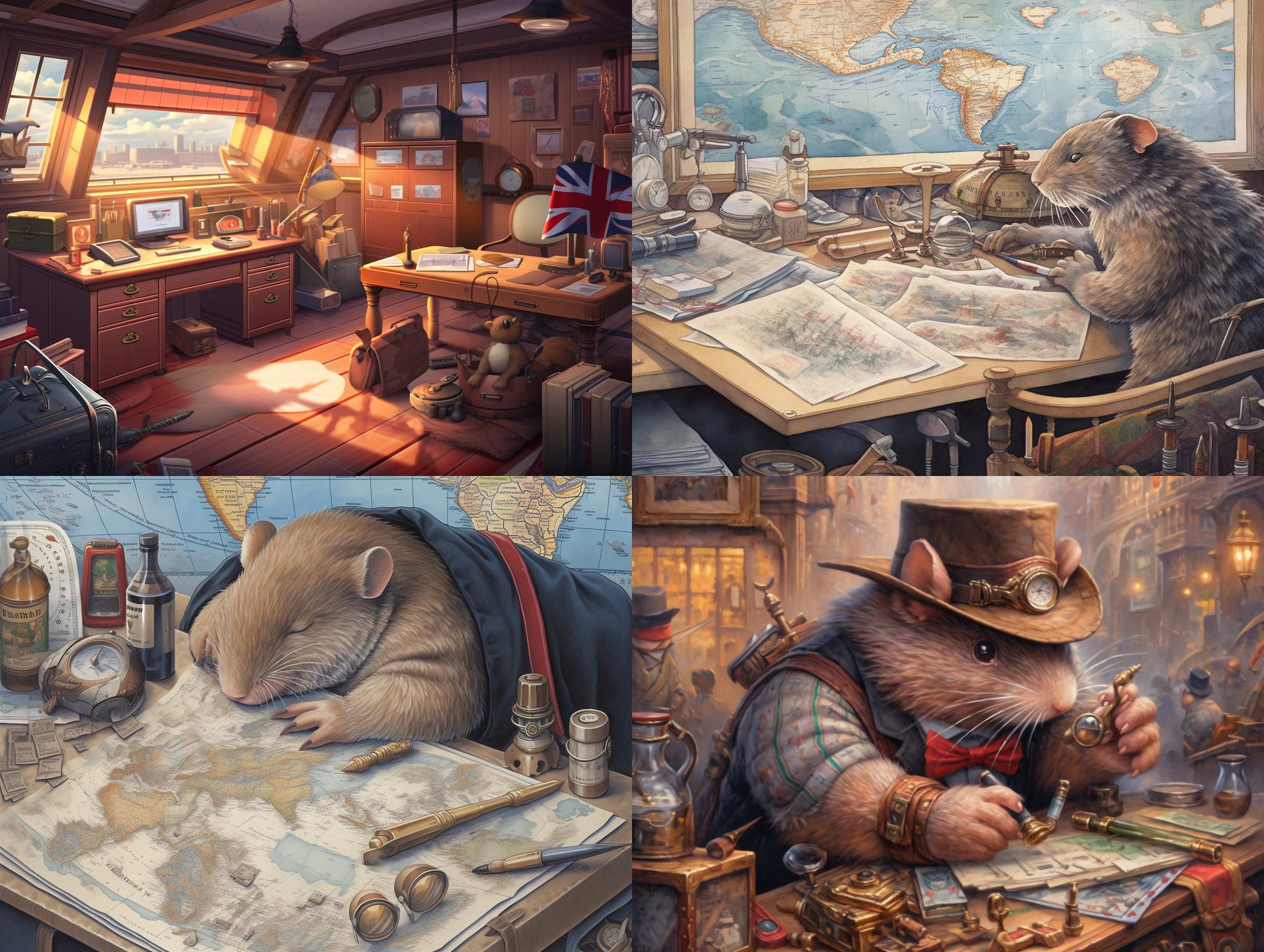 a mouse with a strong winston churchill style sits in a spacious office with important documents and books, surrounded by various types of books on shelves. this mouse exudes an awe-inspiring and steady temperament, holding a smoking pipe while closely observing the maps and charts placed on its desk. it displays the firm, decisive and brave traits of churchill.