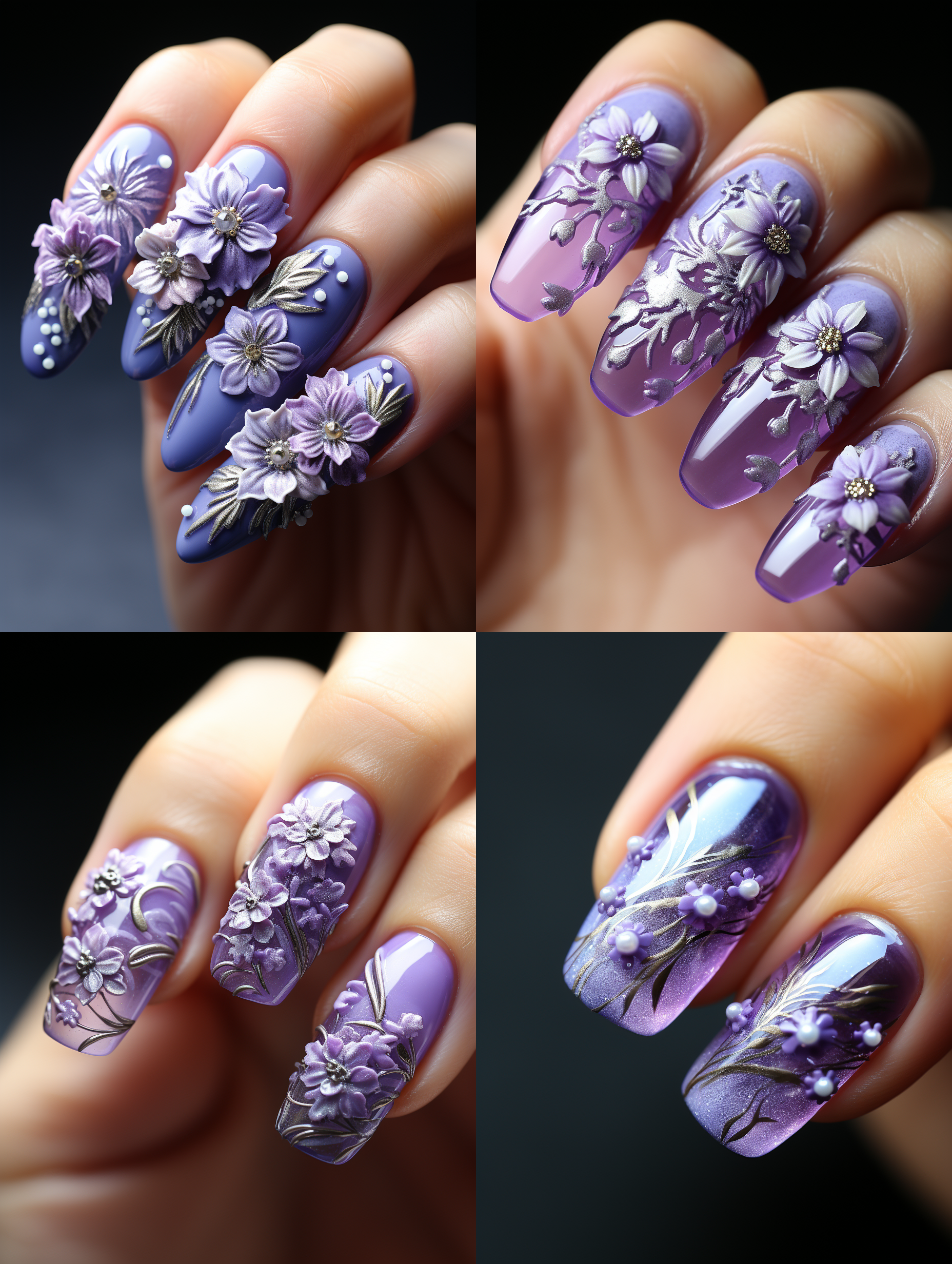 美女的手指甲上做了白色和紫色冰晶花为造型的美甲