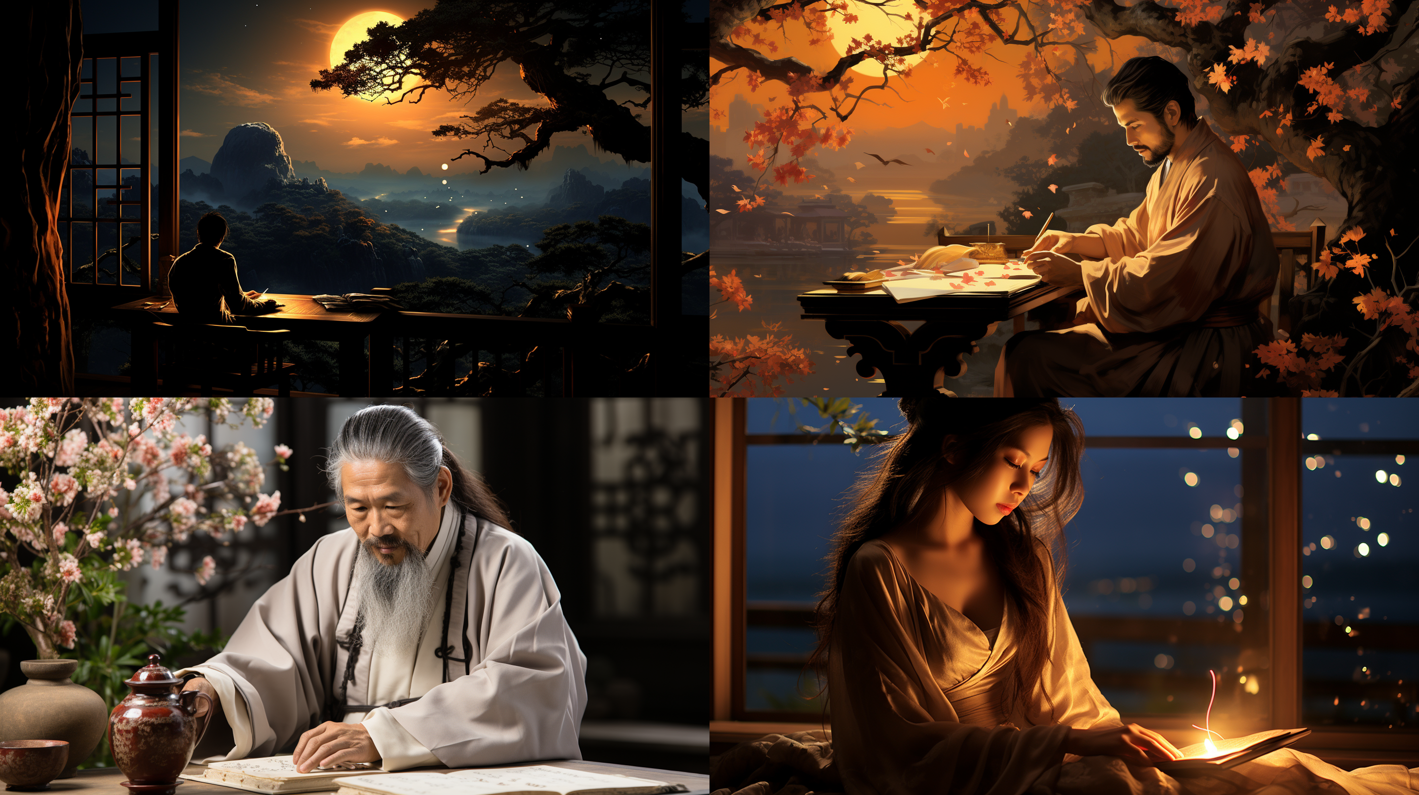 宋代诗《水调歌头》的视觉表现。画面中，一位中国古代文人在月光下的河边写下了这首诗。他穿着传统的宋朝服饰，坐在一张小木桌旁，桌上放着笔、墨和纸。他的眼睛聚焦在纸上，手在纸上流畅地移动，写下了诗的文字。河水在月光下波光粼粼，河岸上郁郁葱葱的树木给景色增添了一份宁静的美丽。