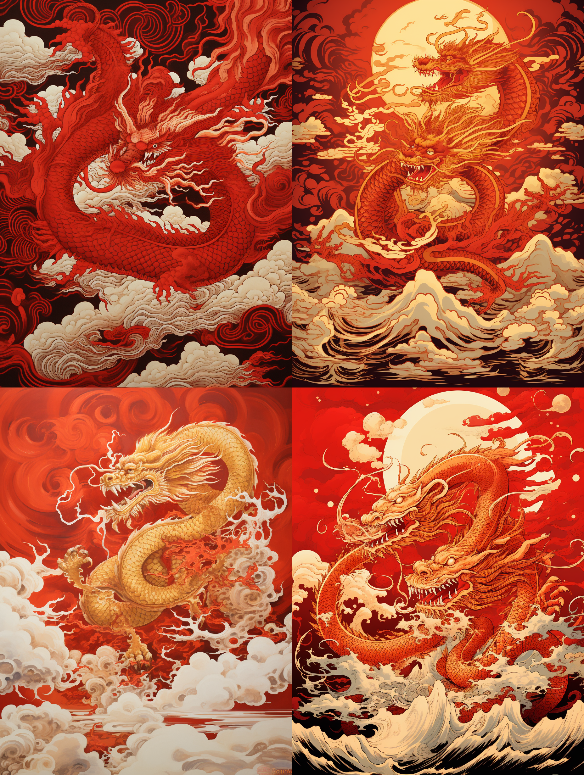 一幅线描中国画图，线描有粗有细，有金龙，有凤凰，有祥云，很有动感，深红底色，
