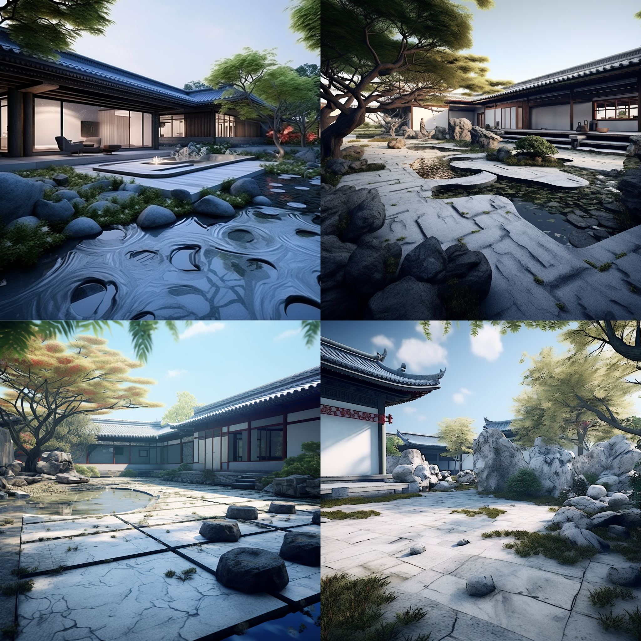 suzhou garden design minimalist style, blue stone floor, rockery landscape, stone carving elements, 3ds max drawing effect
