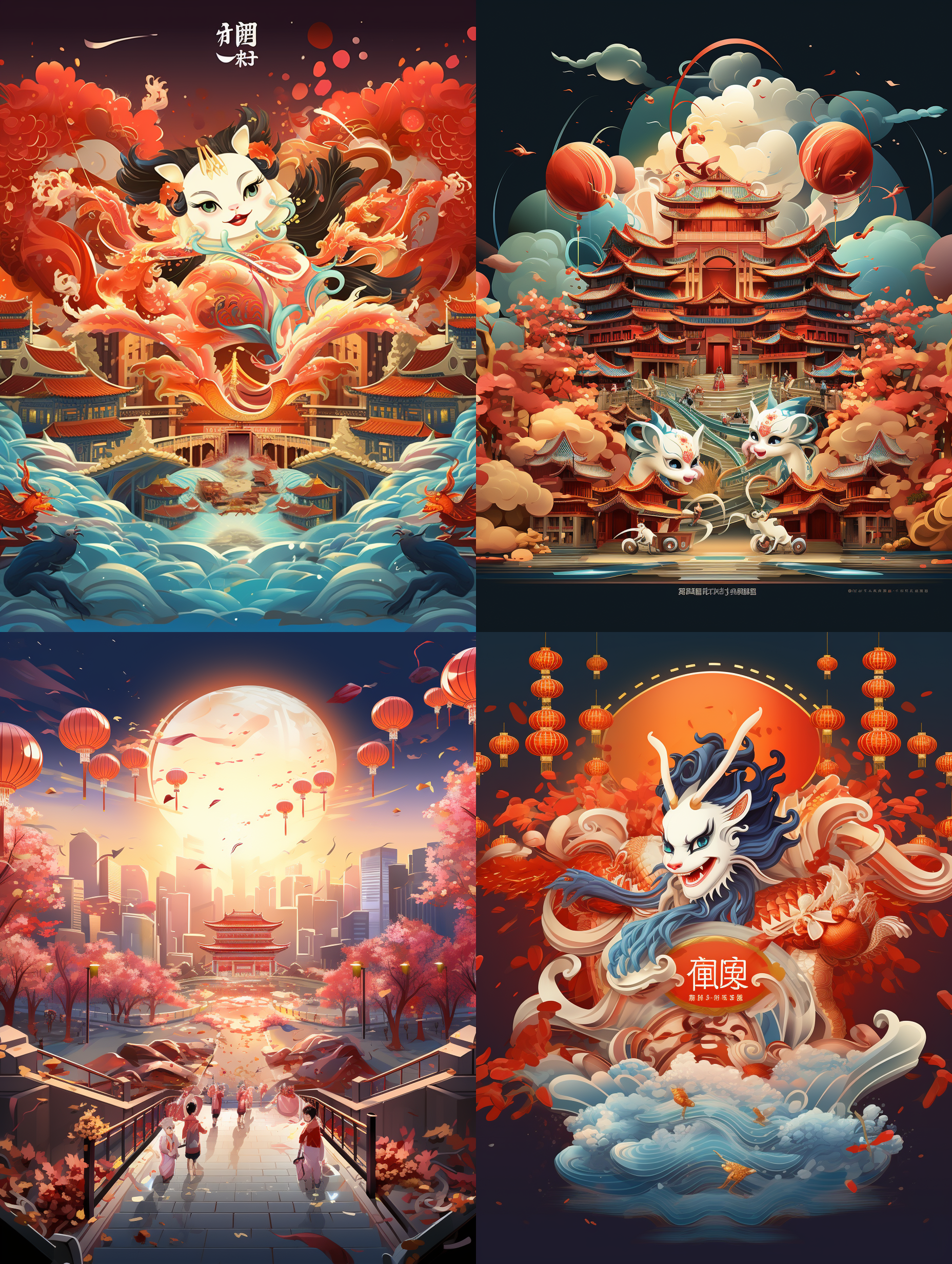 生成一个以设计师，艺术家和版画家组成的设计协会成员的贺年海报，背景是龙年元旦和春节晚会舞台的场景，炫彩灯光，艺术玻璃的舞台，要有2024的字样和龙马精神的气氛，有多位艺术家设计的大头3d卡通动漫形象，皮克斯动画风格，顶级画质，顶级的艺术效果，细节丰富，色彩层次丰富，艺术唯美，中景镜头，二比一的比例，8k超高清画质，大文件，