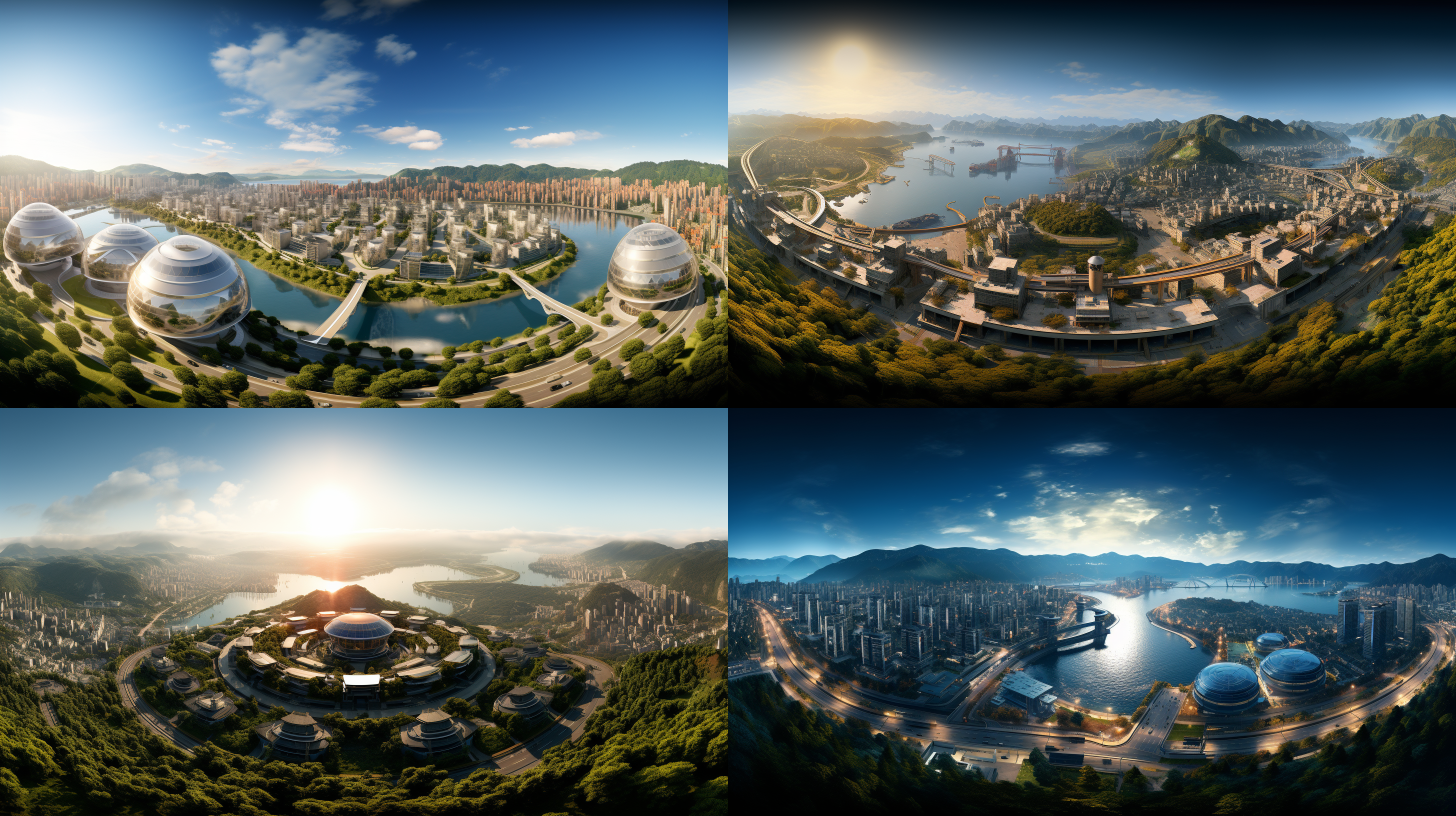 以参考图片的场景状态为标准，生成一个夕阳晚霞下的超级科幻未来科技之城的航拍全景，高空航拍远镜头，场面规模宏大，壮观，楼群现代，体现生态环保的理念，具有顶级的画质和艺术美感，建筑具有未来感和高科技之感，色彩层次丰富，细节丰富逼真，超写实，