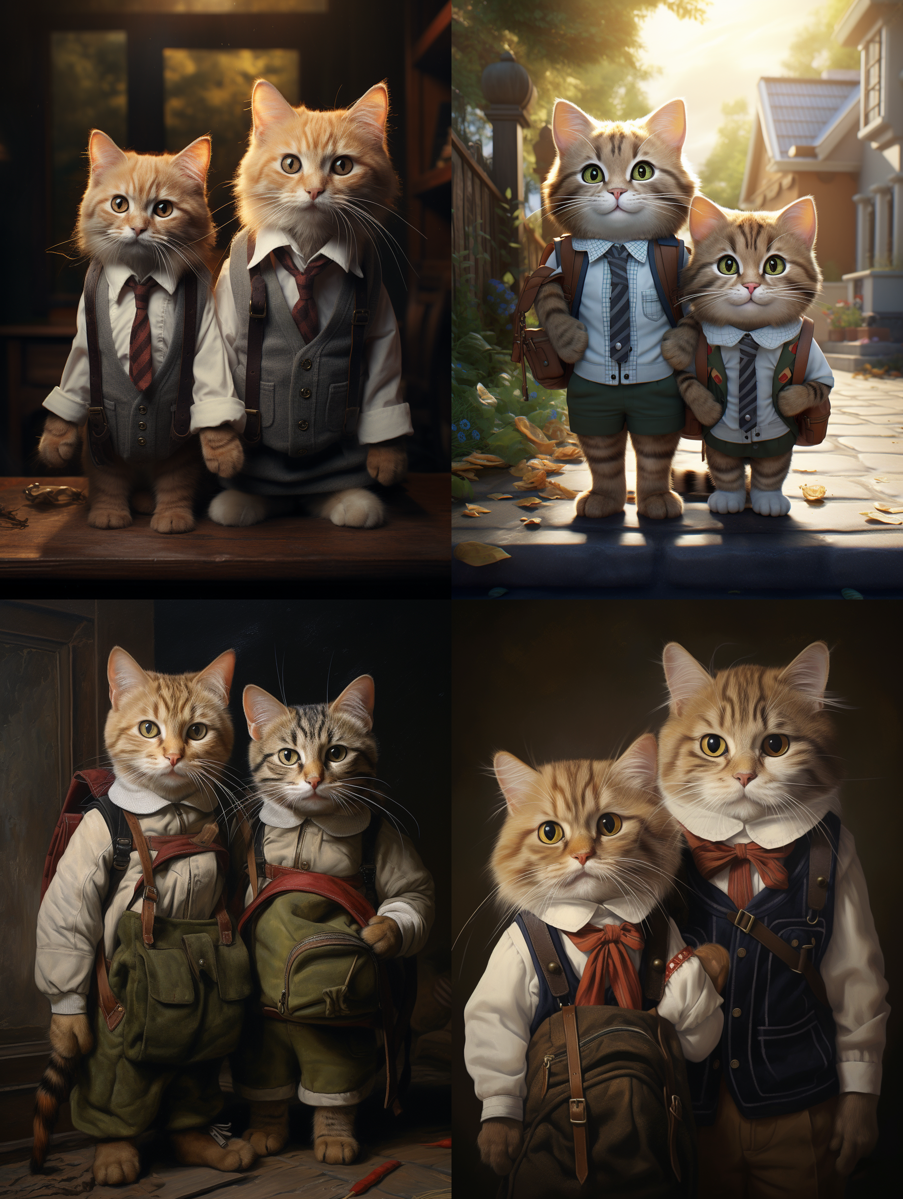 两只猫穿校服，情侣，背包，微笑，温暖，real。