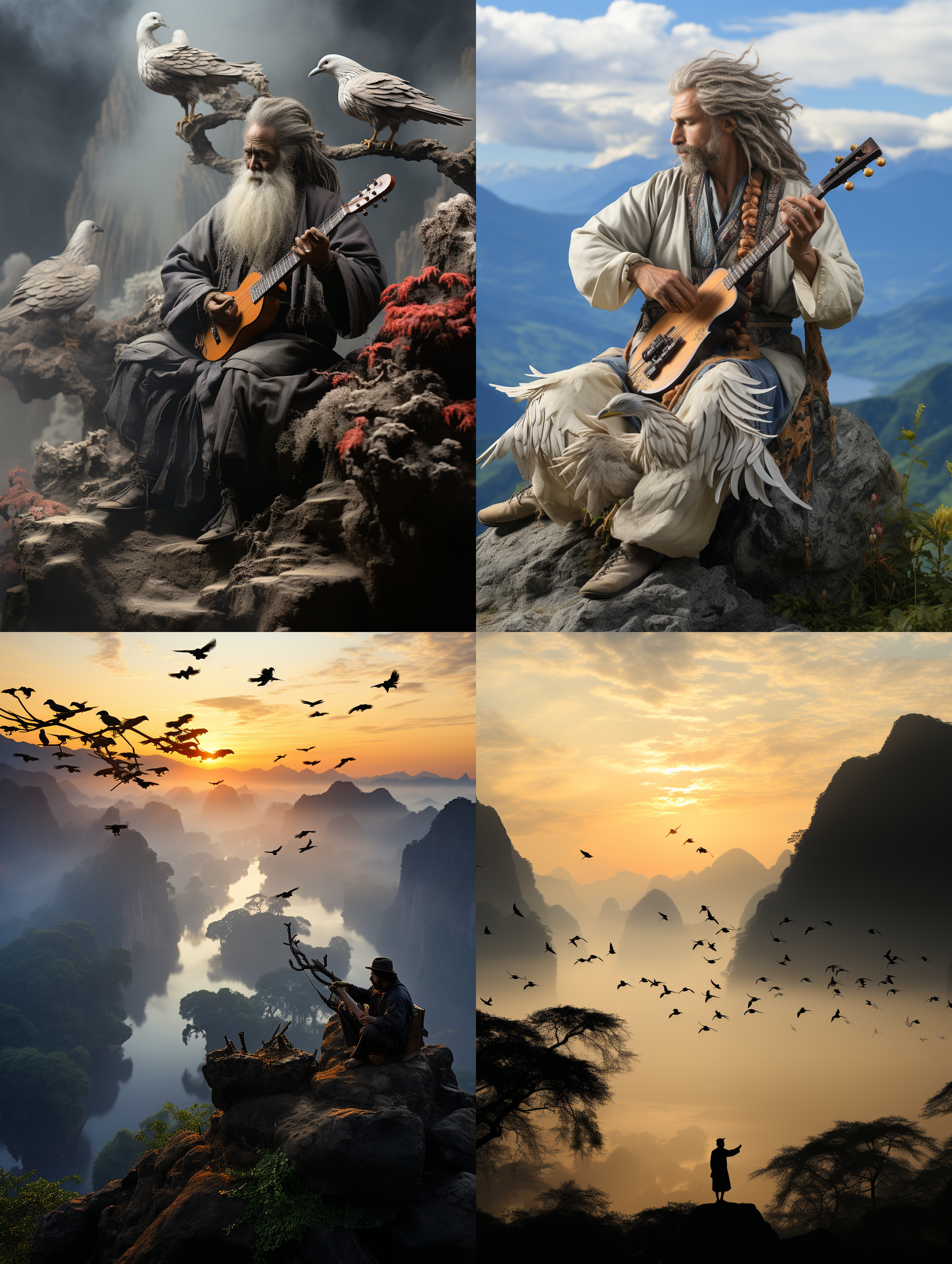 道士吹笛，坐骑仙鹤，飞向远方。大景深，山脉背景，远处云雾，长焦镜头，柔和光线，悠扬音符，轻盈飞行，神秘氛围，蓝色调，宁静。