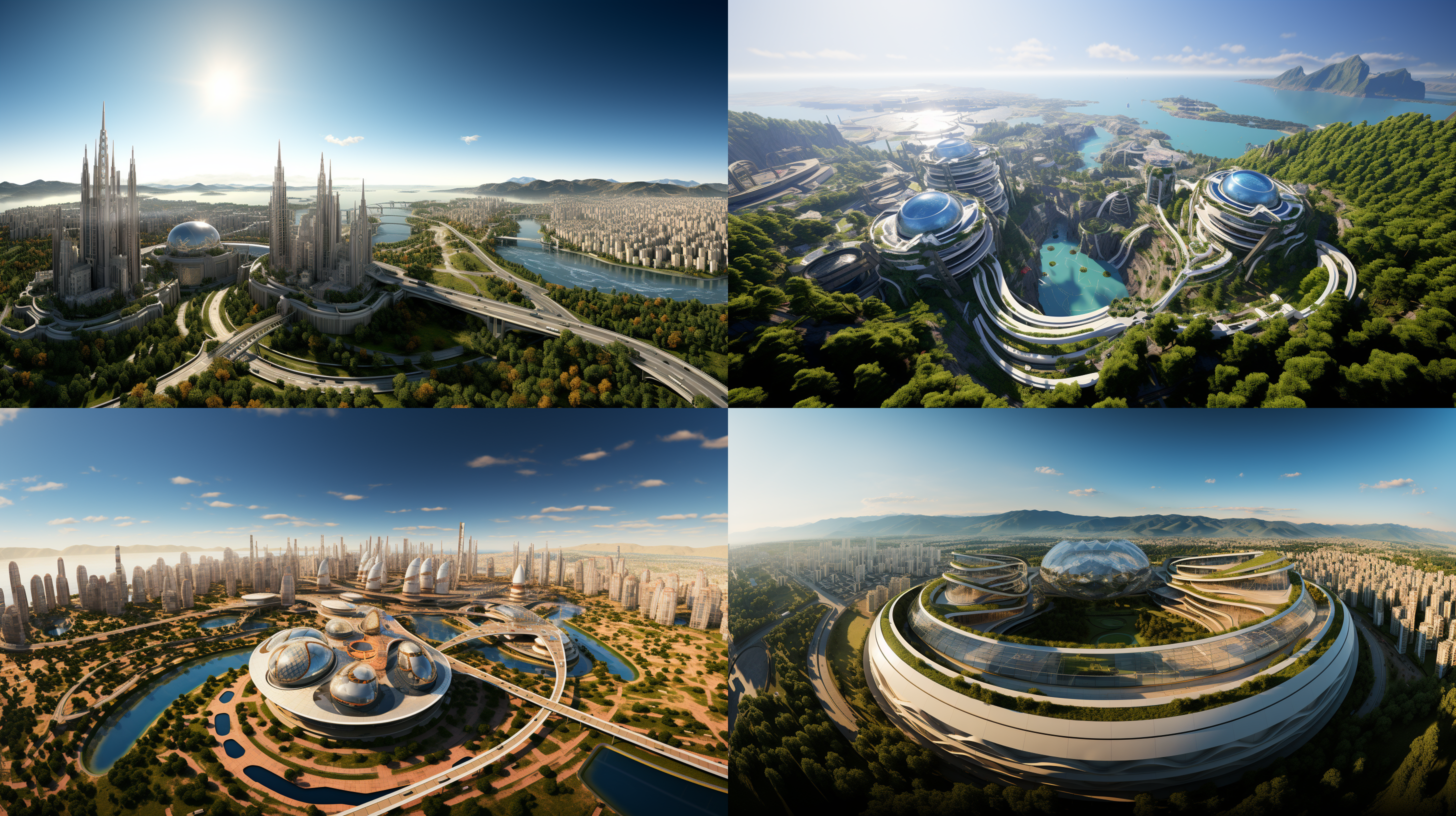 以参考图片的场景状态为标准，生成一个夕阳晚霞下的超级科幻超大规模的城市主题公园的航拍全景，高空航拍远镜头，场面规模宏大，壮观，充满突科幻感的主题雕塑，各种儿童游乐设施，儿童梦幻城堡，代充满未来科技感的科技馆建筑，迪斯尼风格的设施和建筑，大片的多彩景观绿化和景观绿植，体现生态环保的理念，具有顶级的画质和艺术美感，建筑具有未来感和高科技之感，色彩层次丰富，细节丰富逼真，超写实，8k 超高清晰度