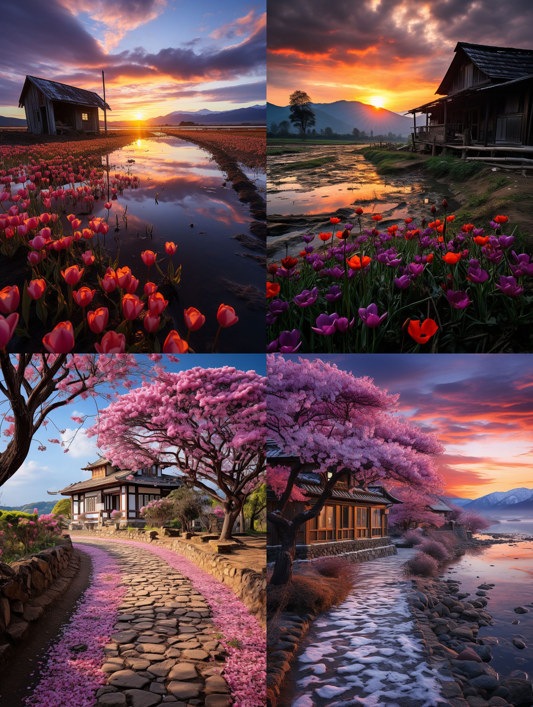 在乡间一处木屋的前，长着一片紫色的郁金香花，老榕树，远处的山林和远山，木板的小桥，鹅卵石的小路，细水潺潺的小溪，天空火烧云的红色晚霞，阳光的余辉依然灿烂！顶级的专业风光摄影效果，顶级的摄影作品画质和清晰 度，非常唯美，色彩丰富细腻，画面细节丰富！8k超高清晰度，大文件
