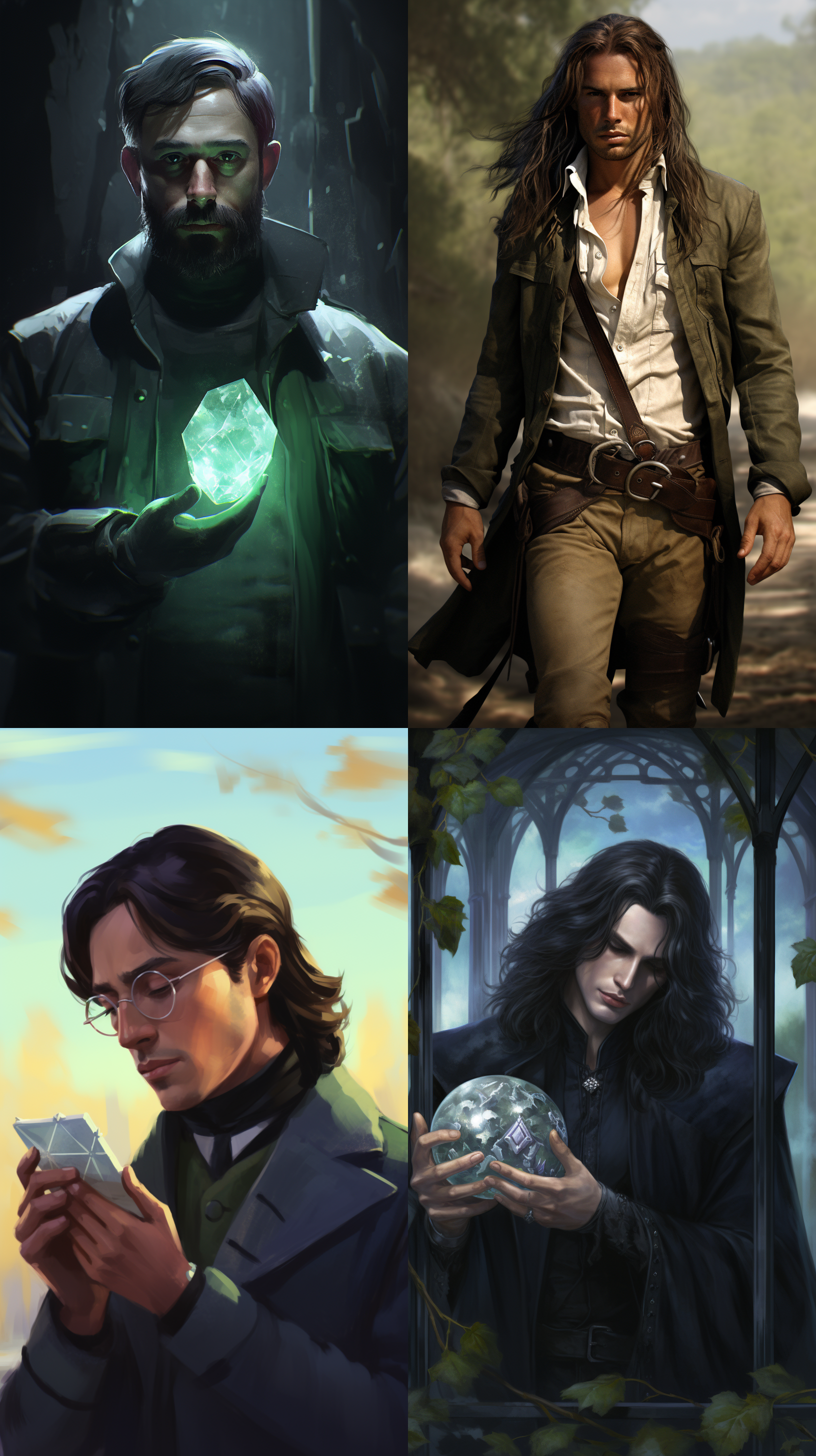 画一个年轻的德国男性，戴眼镜，黑色大波浪长发，穿深绿色19世纪风格长风衣，白色衬衫，黑色绒布马甲，黑色马裤和长筒马靴。他的手里拿着一块水晶，身处一个水晶矿洞中，山洞的表面都是水晶